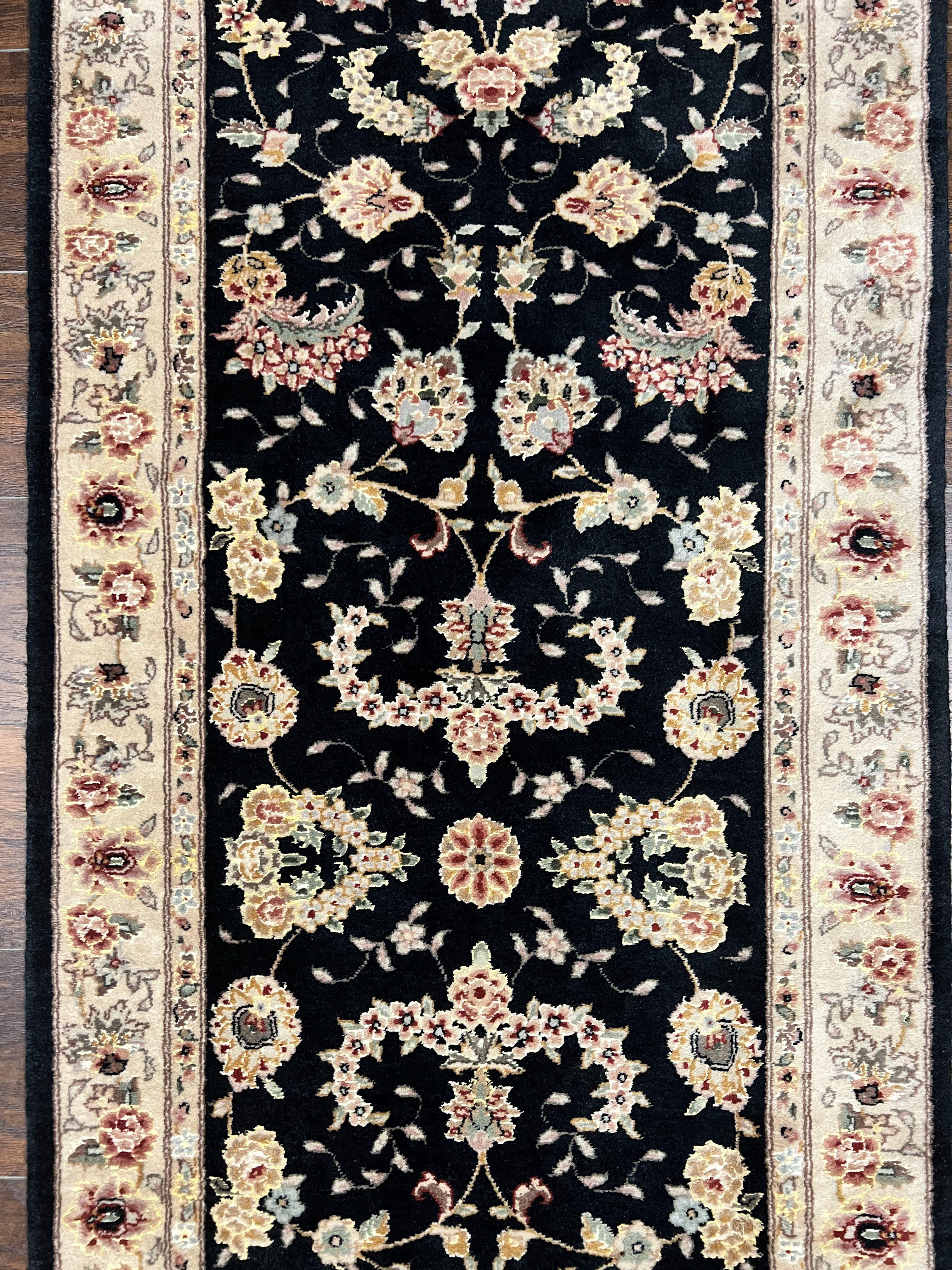 Sino Persian Short Runner Rug 2.7 x 6, Wool and Silk Highlights Black and Beige Handmade Vintage Floral Allover Oriental Carpet, Hallway Rug - Jewel Rugs