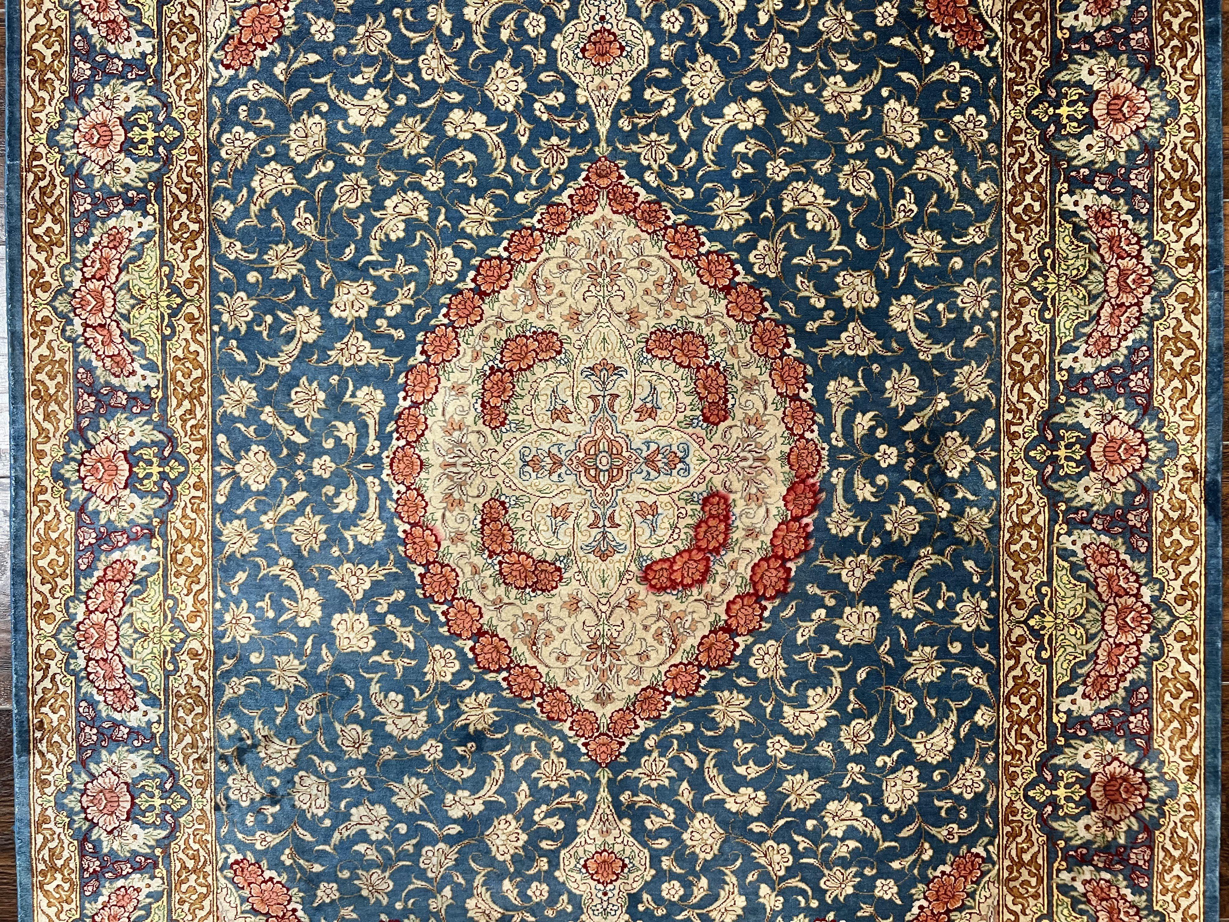 Magnificent Persian Qum Silk Rug 3x5, Blue, Super Fine 675 KPSI - 70 Raj, Floral Roses, Handmade Vintage Silk Carpet, Masterpiece - Jewel Rugs