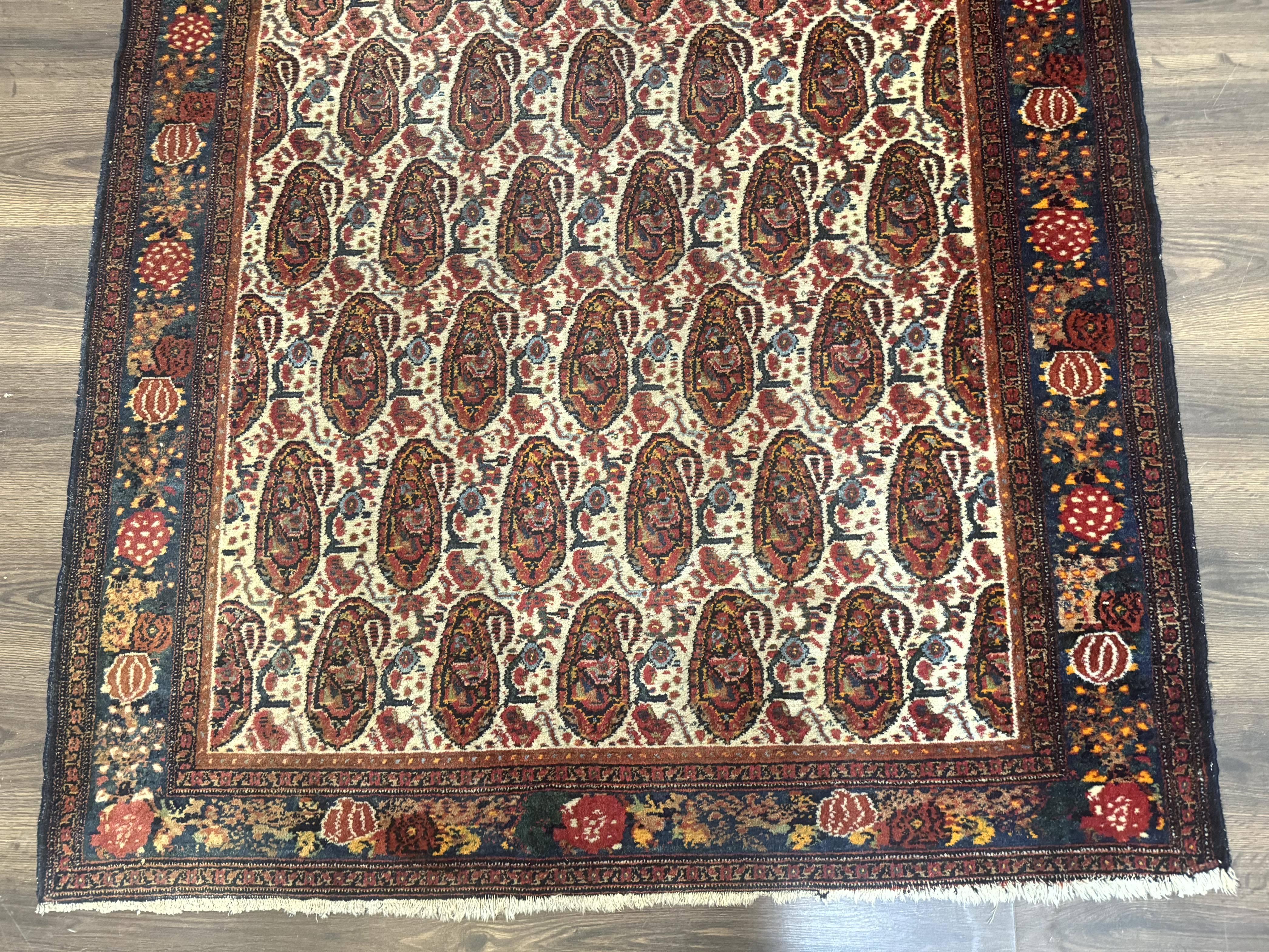 Antique Persian Kurdish Senneh Rug 4.6 x 6.5, Repeated Paisely Boteh Design, Handmade - Jewel Rugs