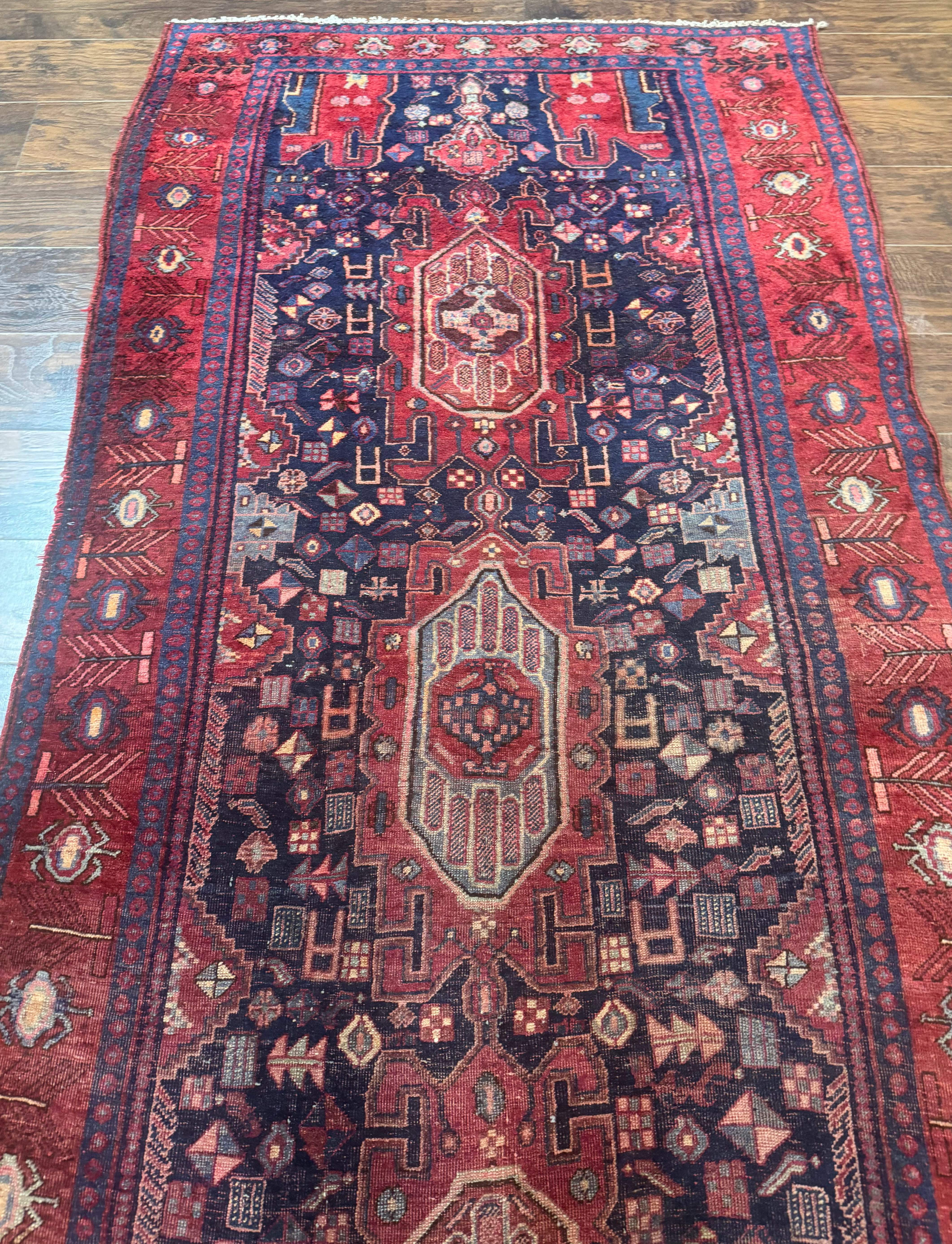 Persian Kurdish Bidjar Runner Rug 4x10 – Navy and Red, Wool Antique Tribal Carpet - Jewel Rugs