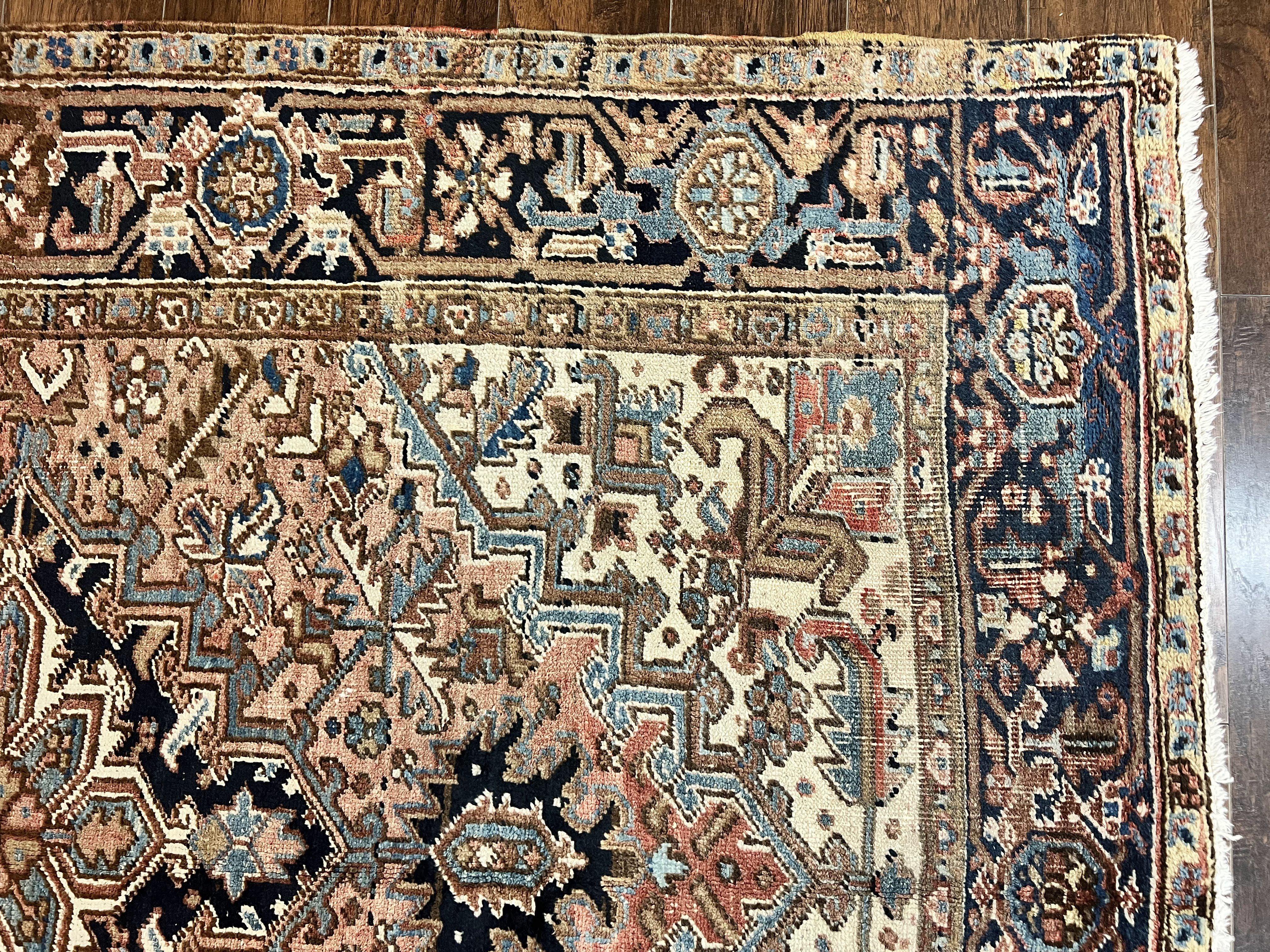 Antique Persian Heriz Rug 6x8, Geometric Medallion, 1920s Oriental Carpet, Handmade Wool Rug - Jewel Rugs