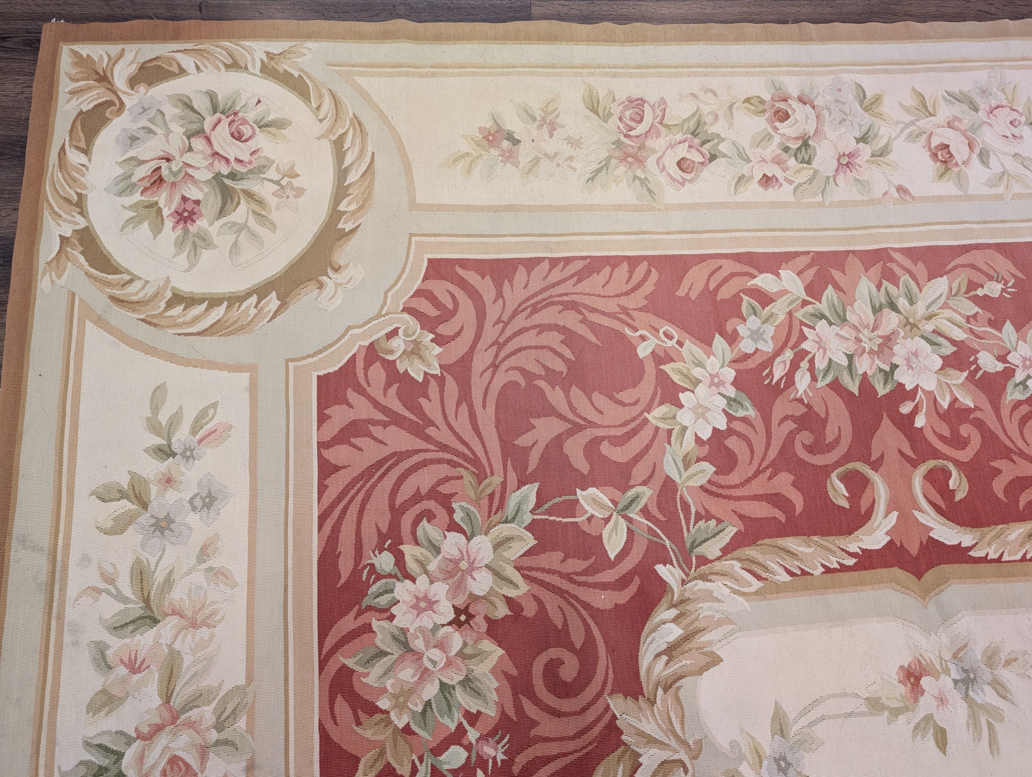 Aubusson Rug 9x12, Red and Ivory, Handwoven French European Floral Carpet - Jewel Rugs
