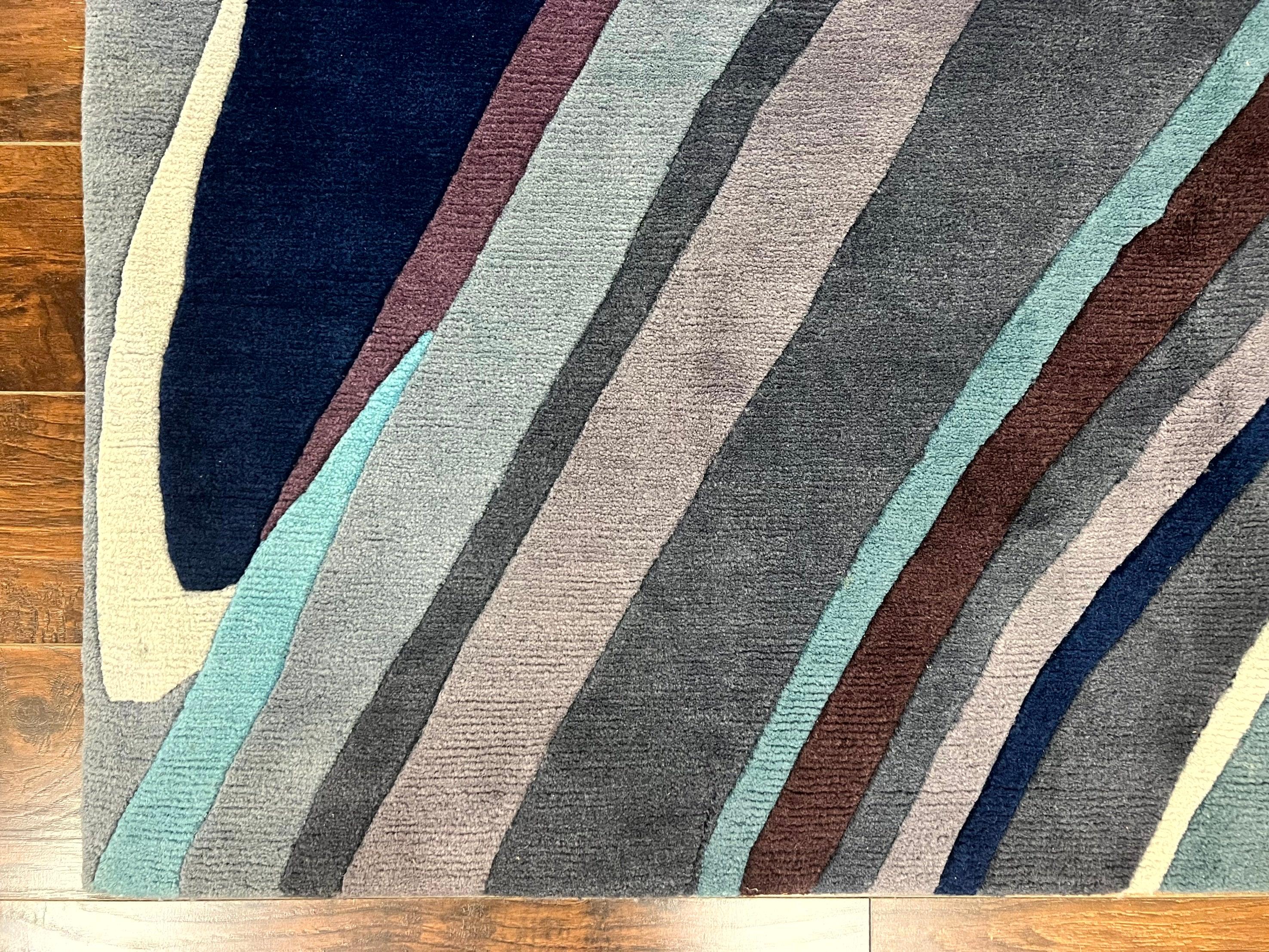 Modern Nepali Handmade Wool Rug 6x8, Blues Gray Mauve, Abstract, Nepali Tibetan Rug - Jewel Rugs