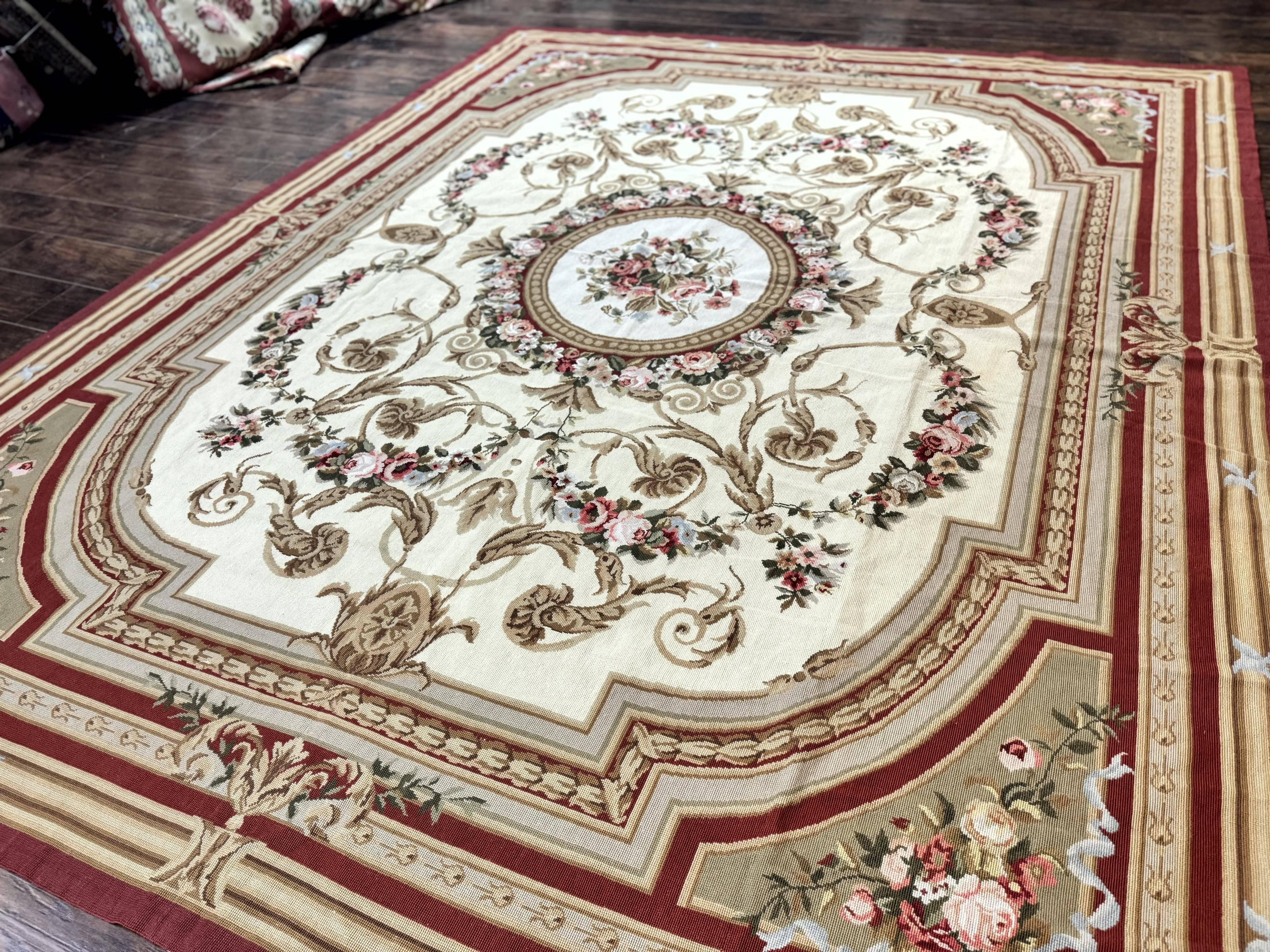 Aubusson Needlepoint Rug 9x11, Handmade Vintage Wool Flatweave Carpet, Elegant European Rug, Floral, Cream - Jewel Rugs