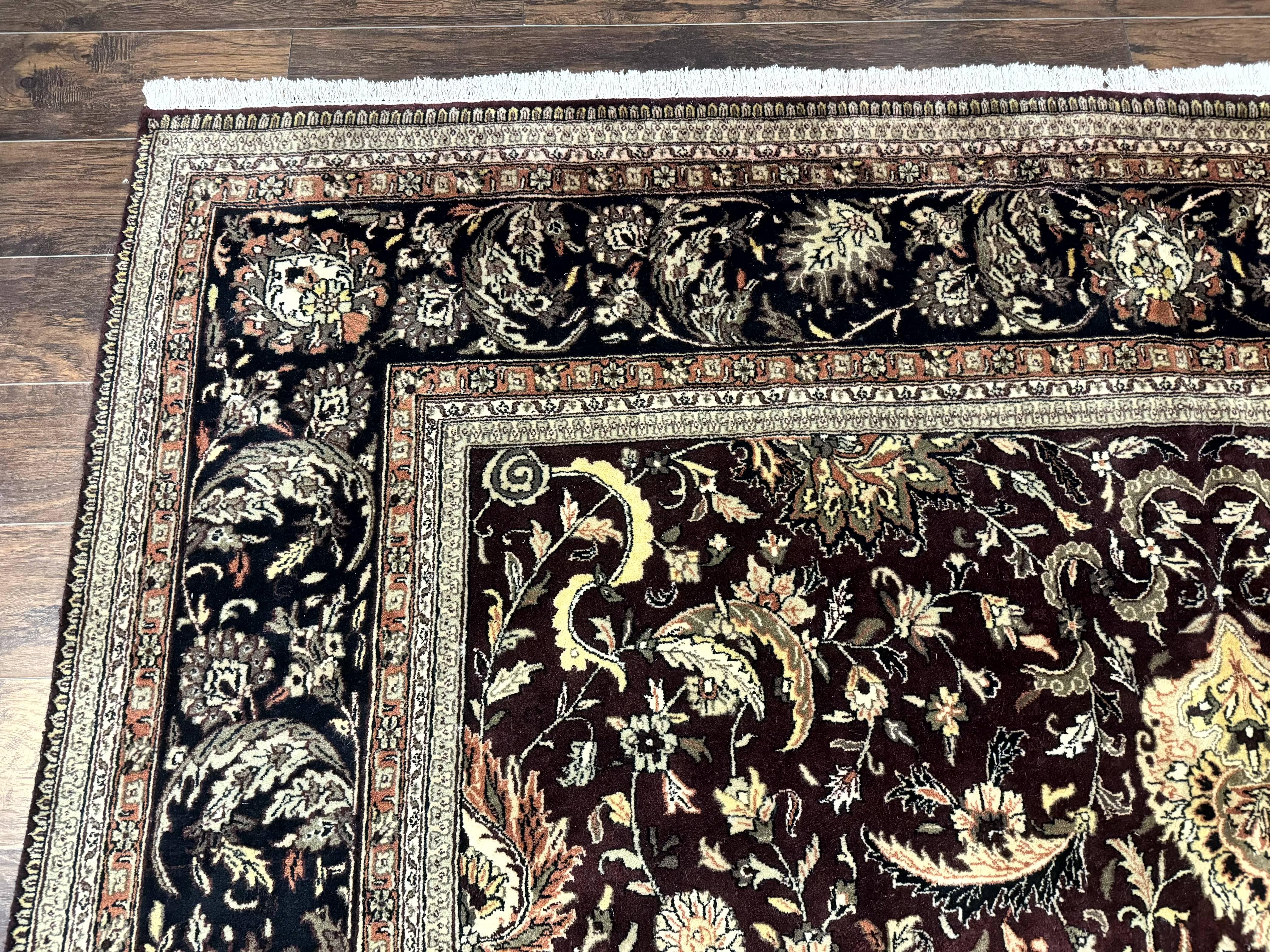 Indo Persian Rug 10x14, Floral Allover, Handmade Vintage Wool Rug, Dark Maroon/Plum and Black - Jewel Rugs