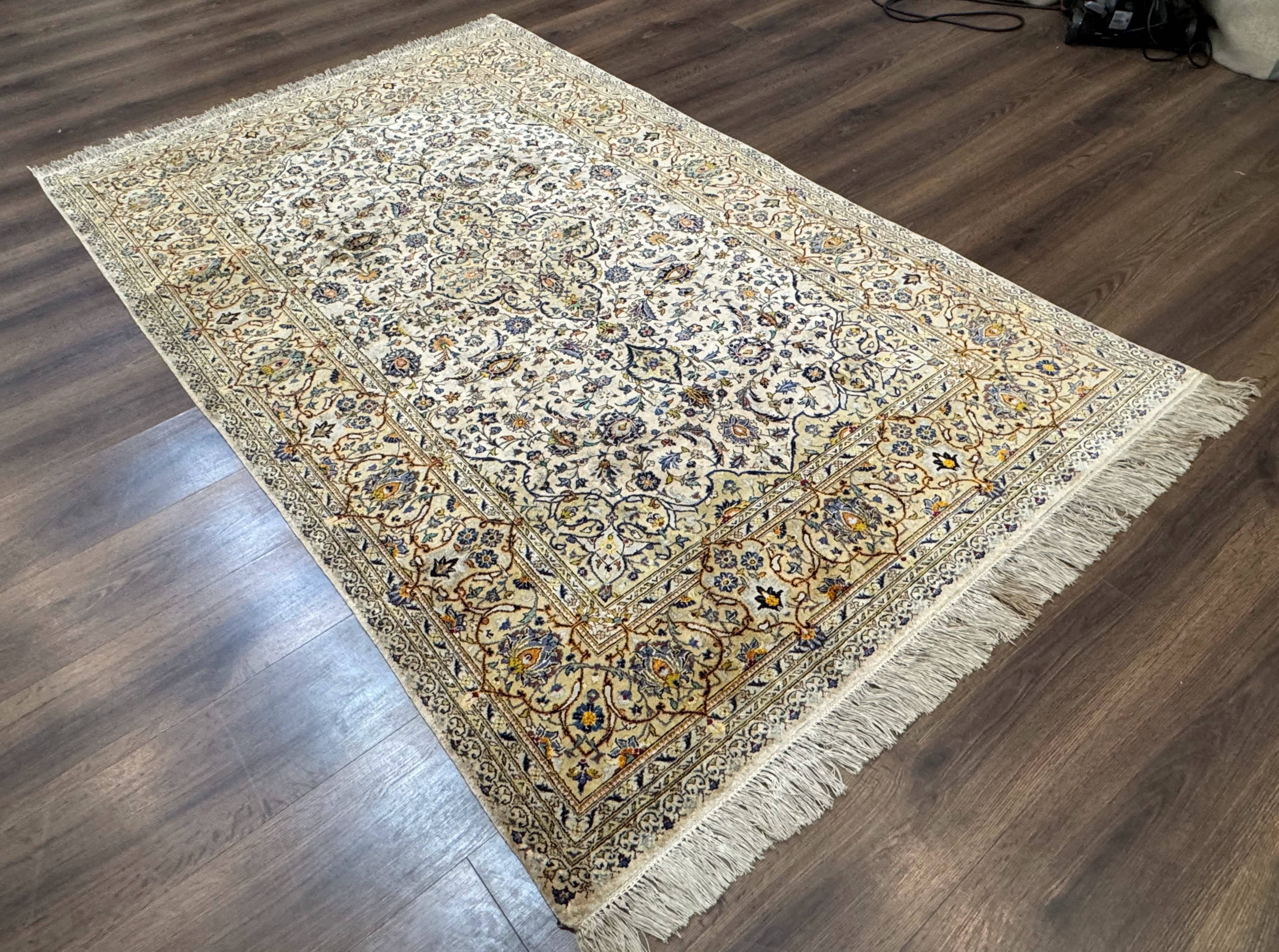 Rare Silk Persian Kashan Rug 4.6 x 7, Antique Fine 310 KPSI, Ivory - Jewel Rugs