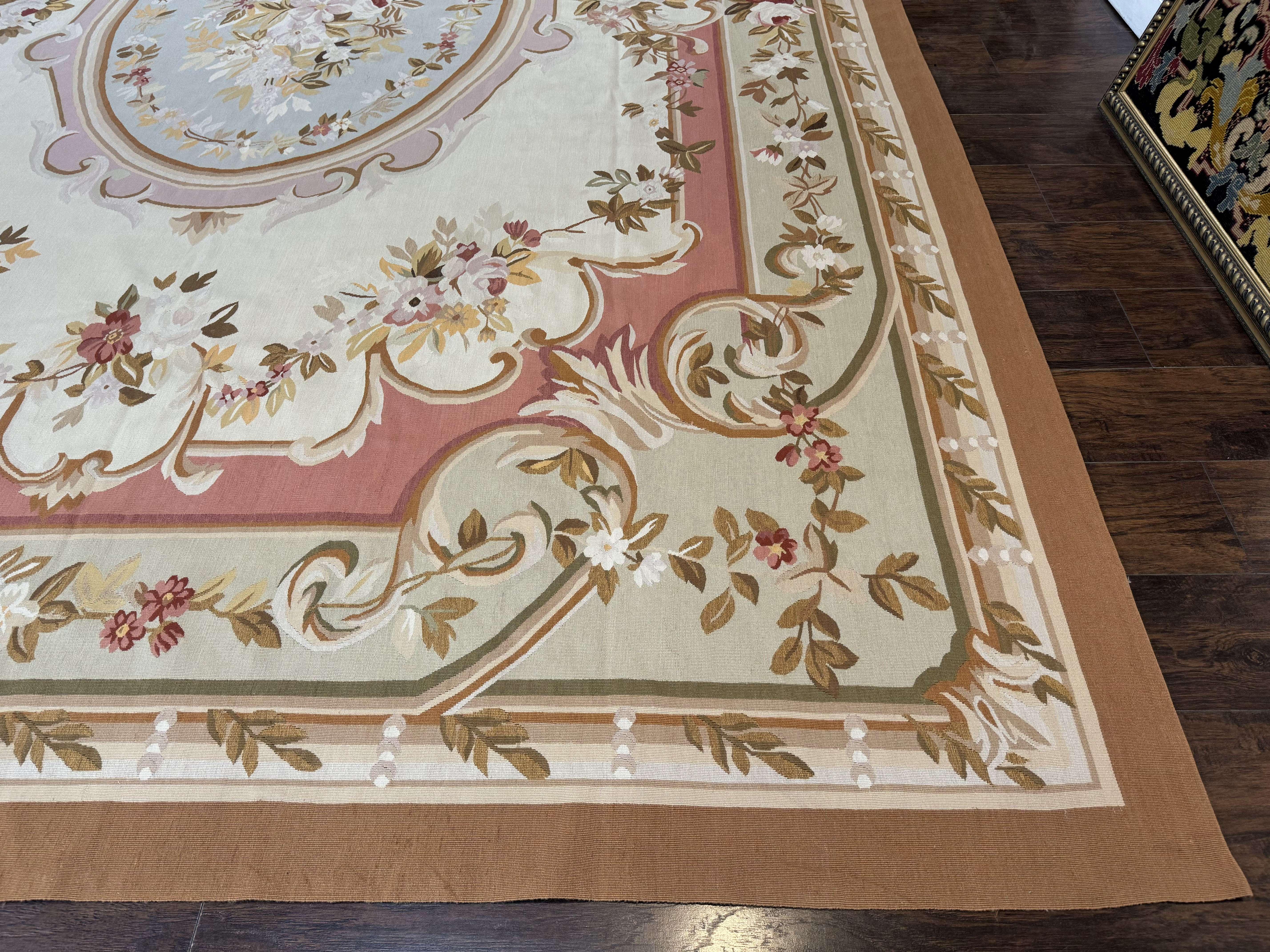 French Aubusson Rug 10x14, Vintage Flatweave European Handmade Carpet, Ivory LIght Blue Pink, Large Aubusson Rug - Jewel Rugs