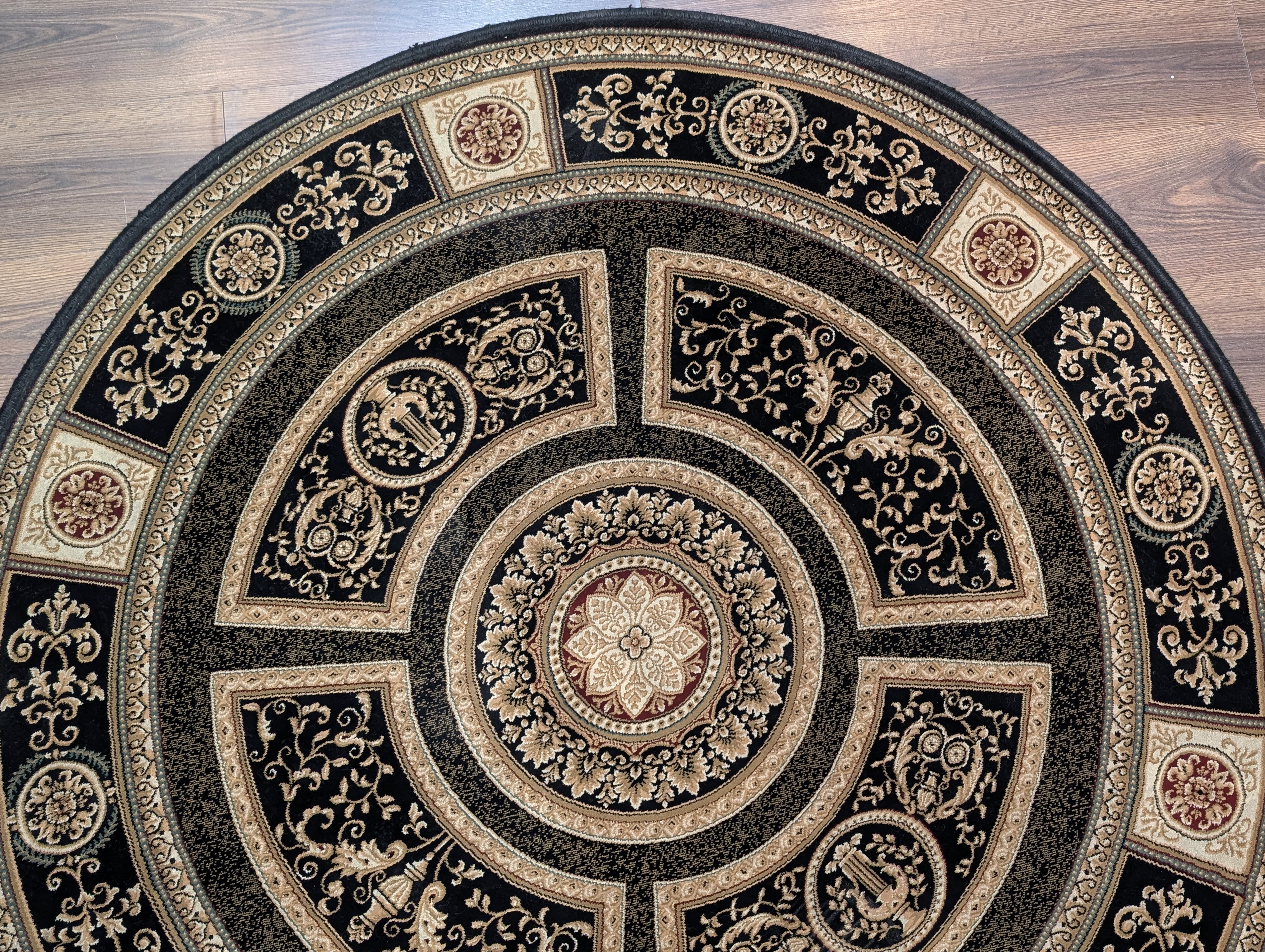Round Aubusson Rug 5x5 ft, Black, Savonnerie, French Design - Jewel Rugs