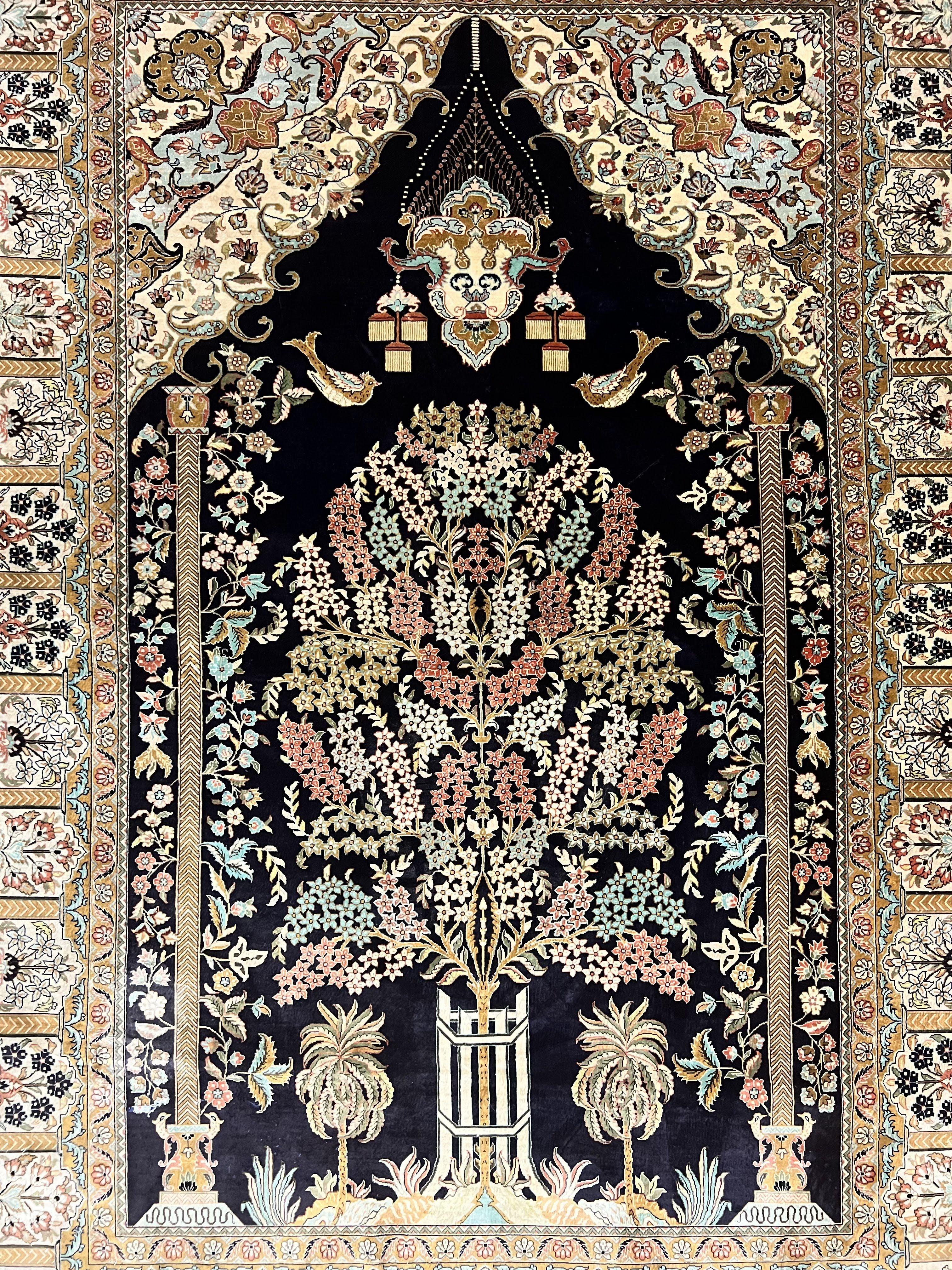 Wonderful Sino Persian Silk Rug 4x6, Tree of LIfe Design, Masterpiece 575 KPSI, Birds, Prayer Rug, Black, Silk on Silk - Jewel Rugs