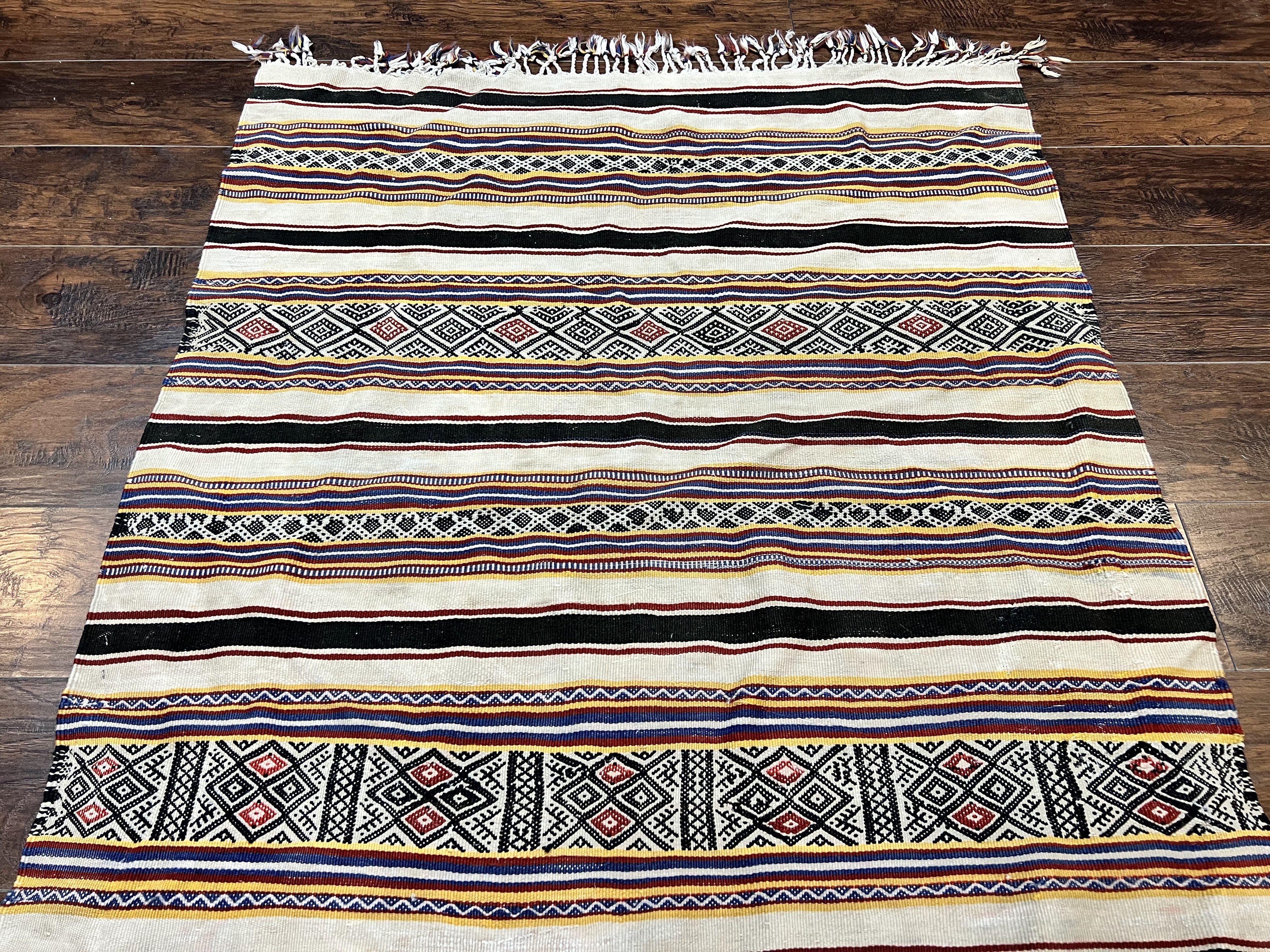 South American Kilim Rug 4x7 ft, Wool Handmade Vintage Carpet, Ivory Black Multicolor Stripes, Bohemian Blanket Rug, Flatweave Area Rug - Jewel Rugs