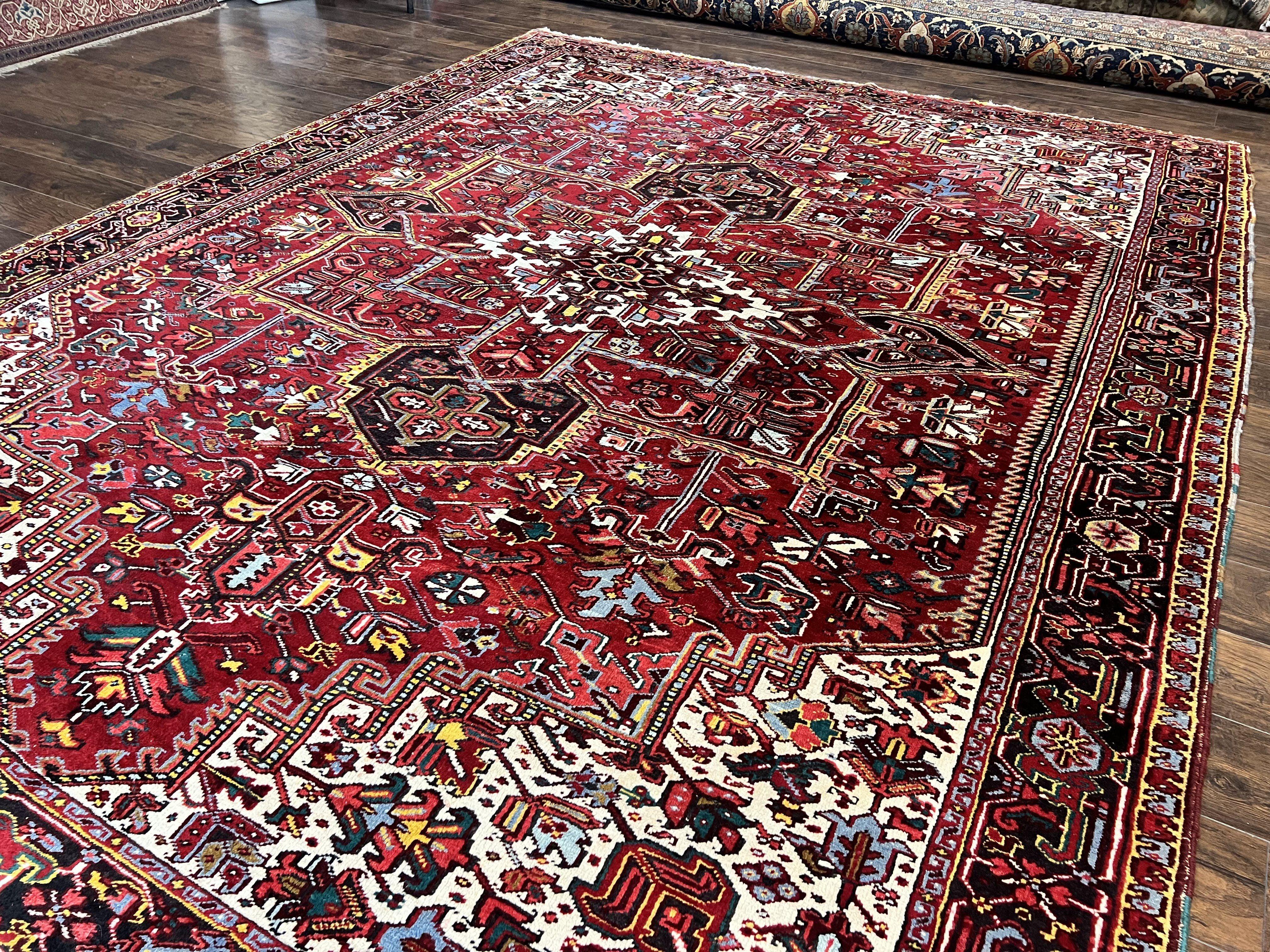 Persian Heriz Rug 10x13, Wool Hand Knotted Vintage Carpet, Geometric Medallion Tribal Oriental Rug, Red & Ivory, 10 x 13 Large Sized Rug - Jewel Rugs