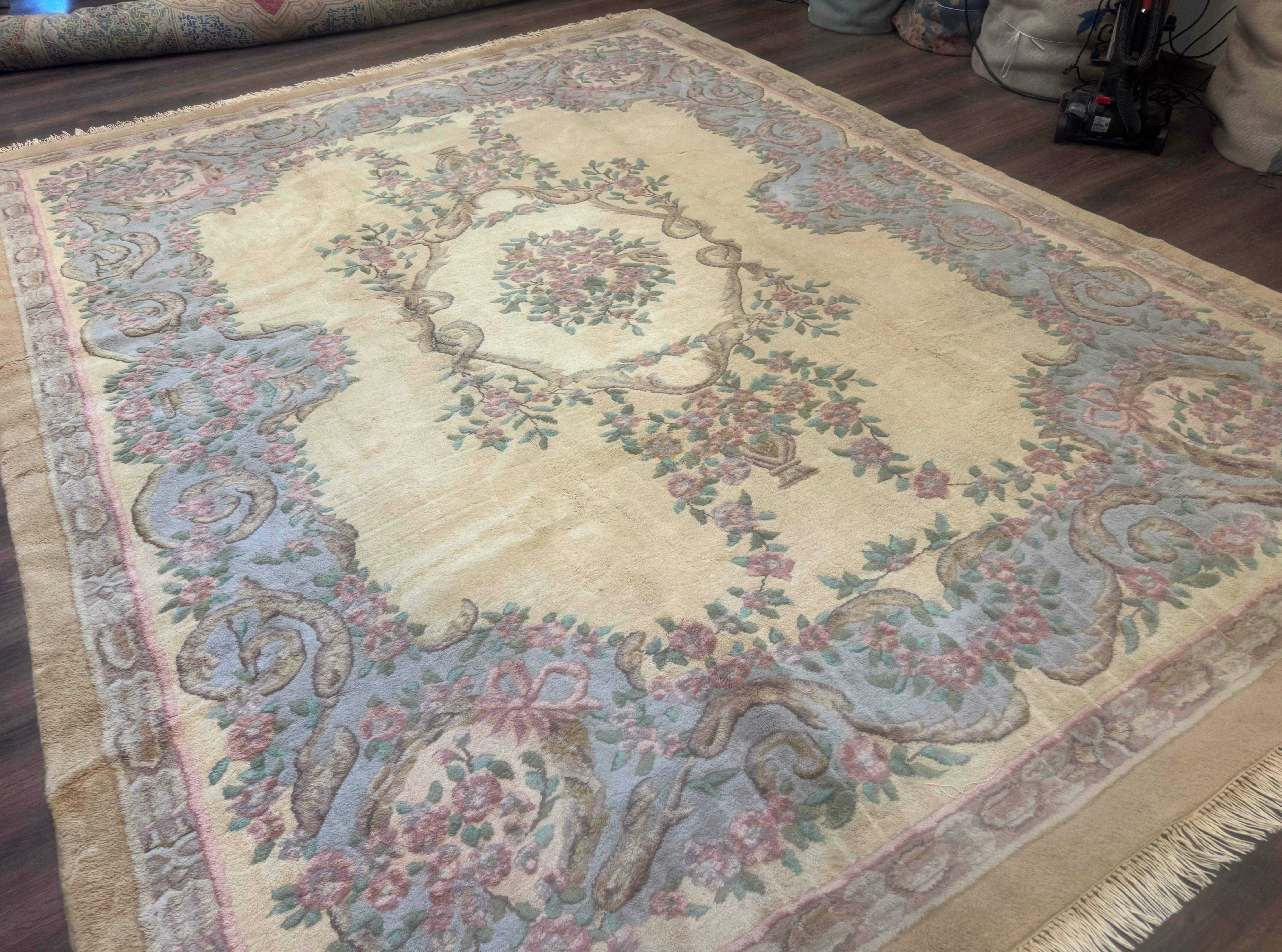 Indo Chinese Aubusson Rug 9x12, Cream and Light Blue, Soft Thick Wool Pile - Jewel Rugs