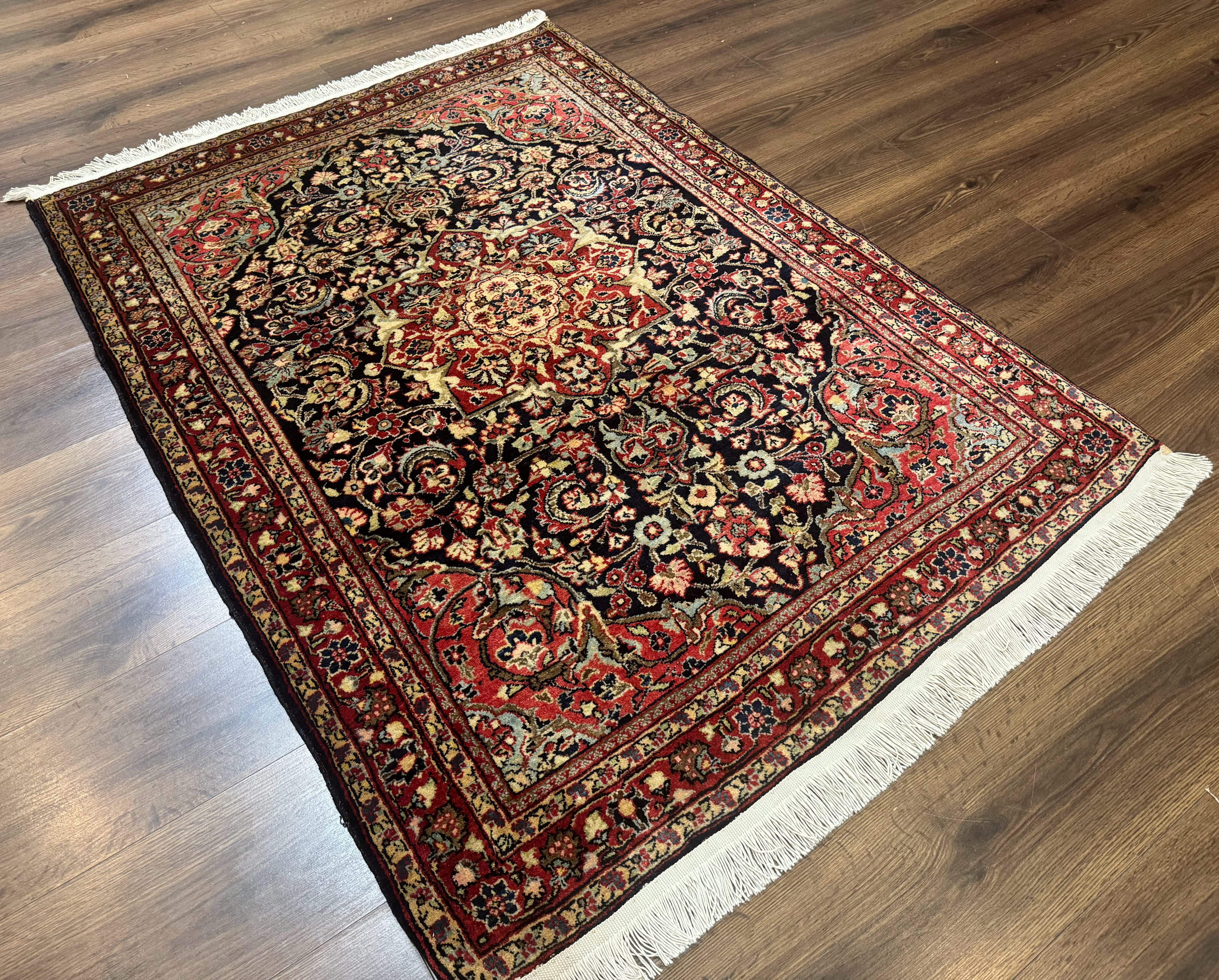 Antique Persian Sarouk Rug 4x5, Dark Blue and Red, Floral Medallion, Fine - Jewel Rugs