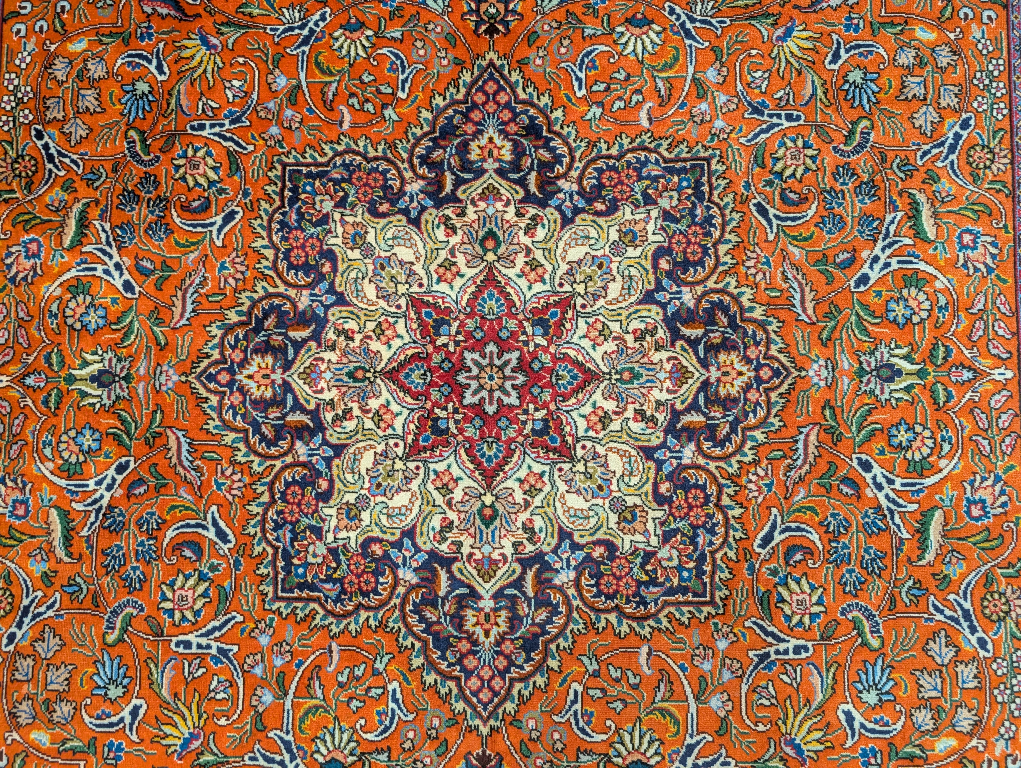 Persian Tabriz Rug 7x10, Hand-Knotted Wool Carpet, Burnt Orange & Navy Blue - Jewel Rugs