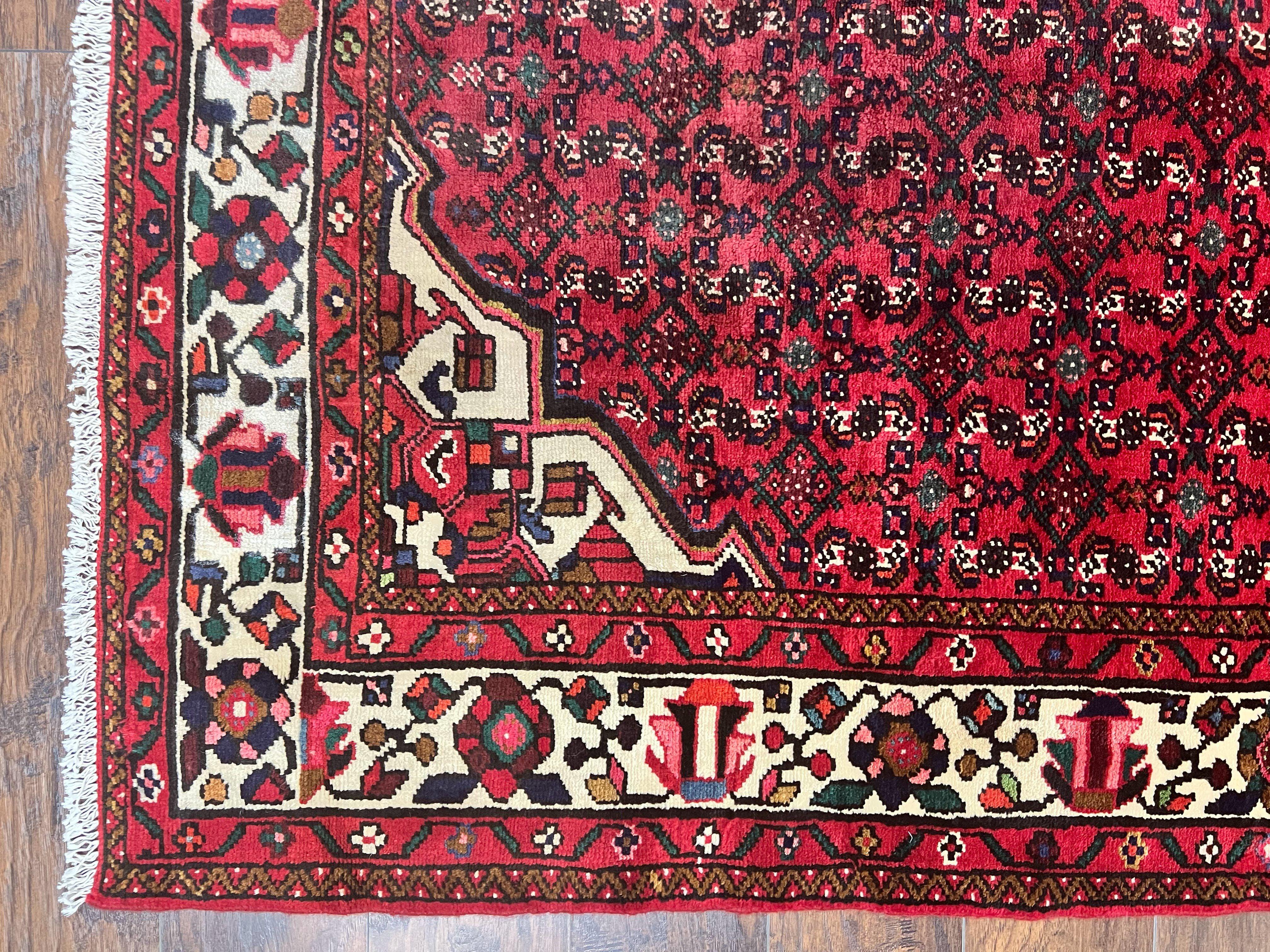 Persian Tribal Rug 7x10, Wool Handmade Semi Antique Vintage Hamadan Dargazine Carpet, Red & Ivory Allover Floral Medallion Rug, 7 x 10 Room Sized Oriental Rug - Jewel Rugs