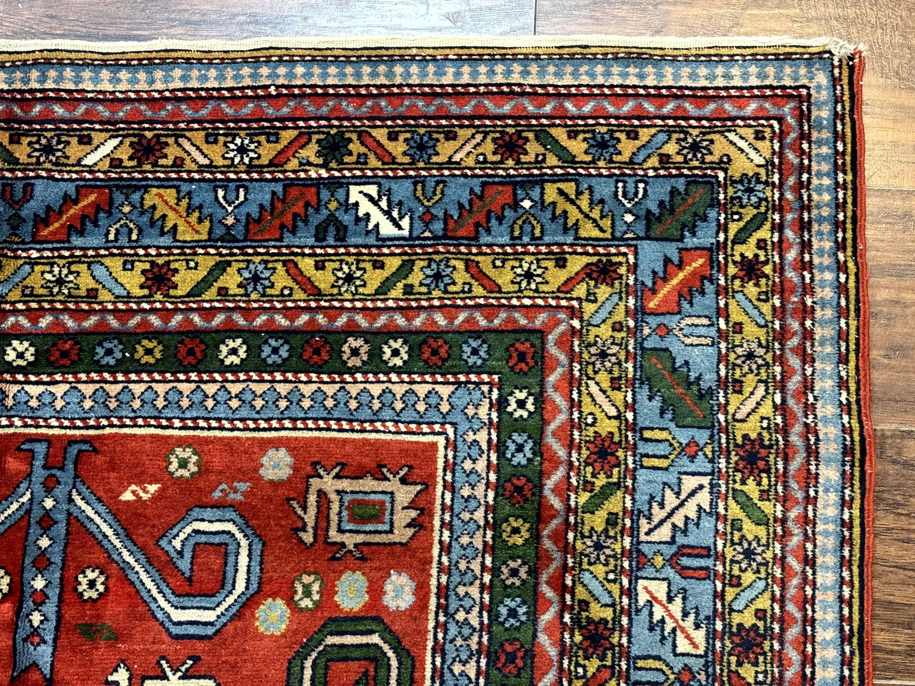 Colorful Persian Ardabil Rug 4x7, Red Blue Gold, Geometric Caucasian Design, Vintage - Jewel Rugs