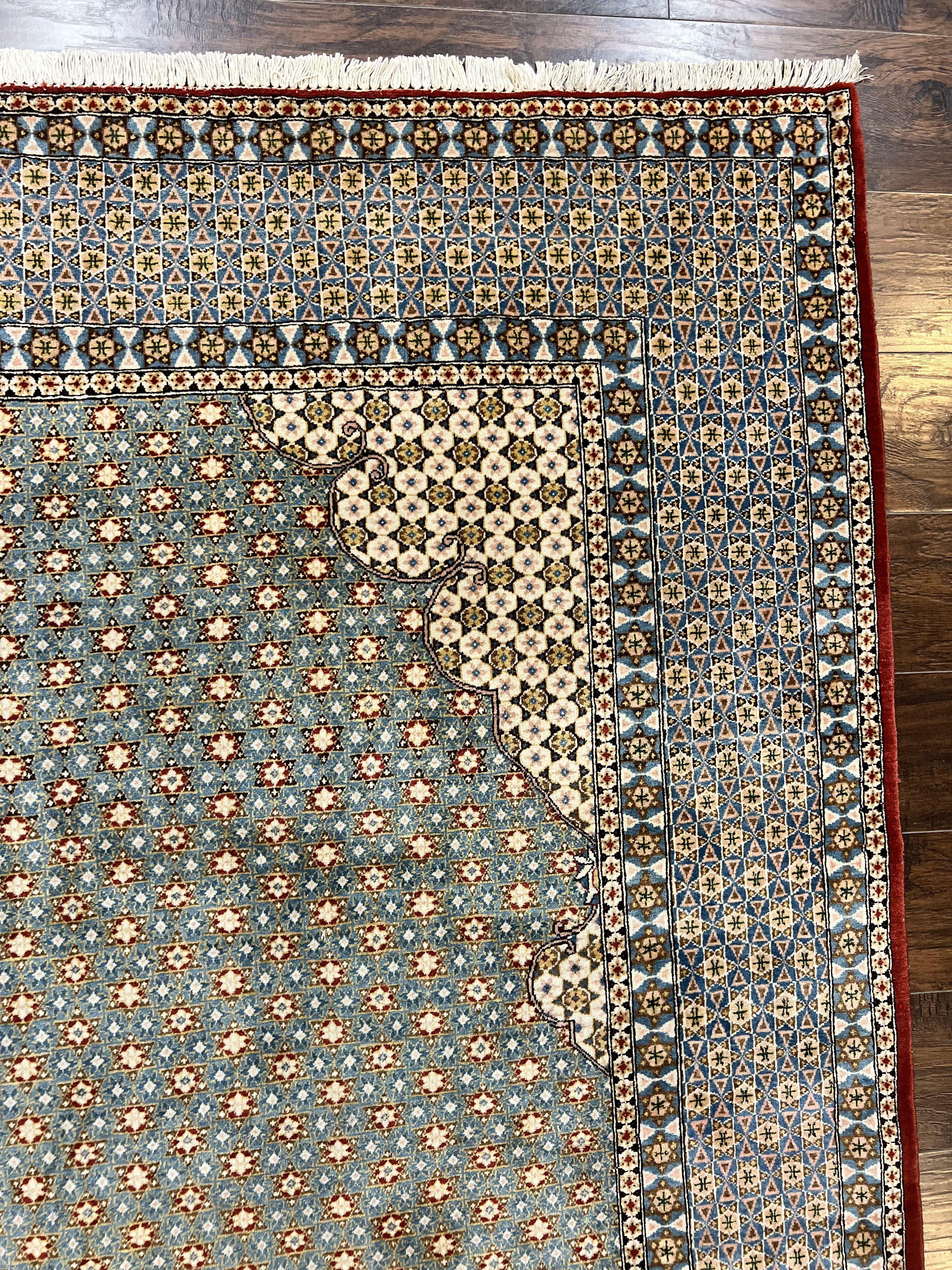 Rare Persian Rug 8x12, Qum Rug, Repeated Star Motifs, Blue and Ivory, Fine 300 KPSI, Hand Knotted Handmade Vintage Wool Rug - Jewel Rugs