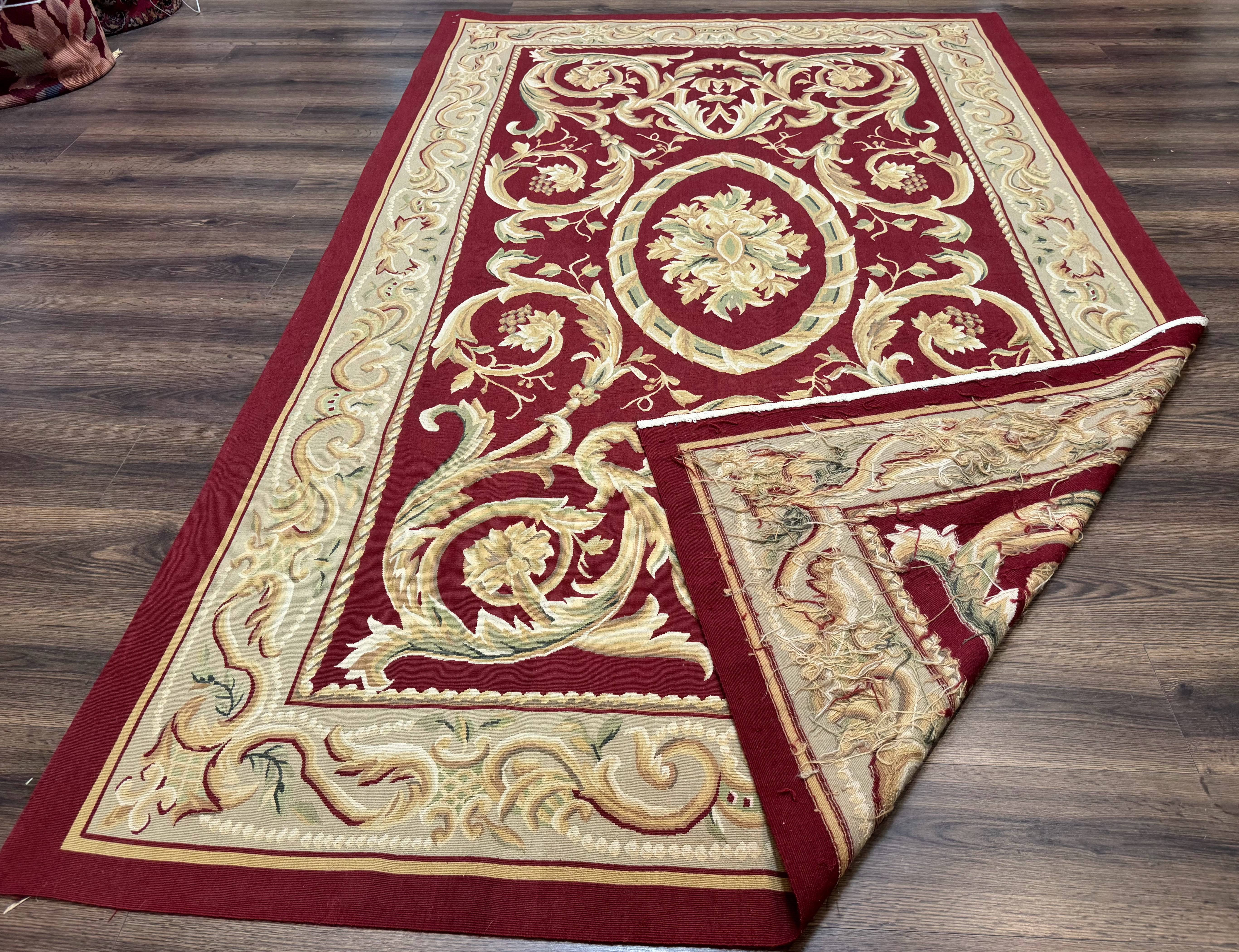 Burgundy Aubusson Rug 6x9, Vintage Wool Carpet - Jewel Rugs