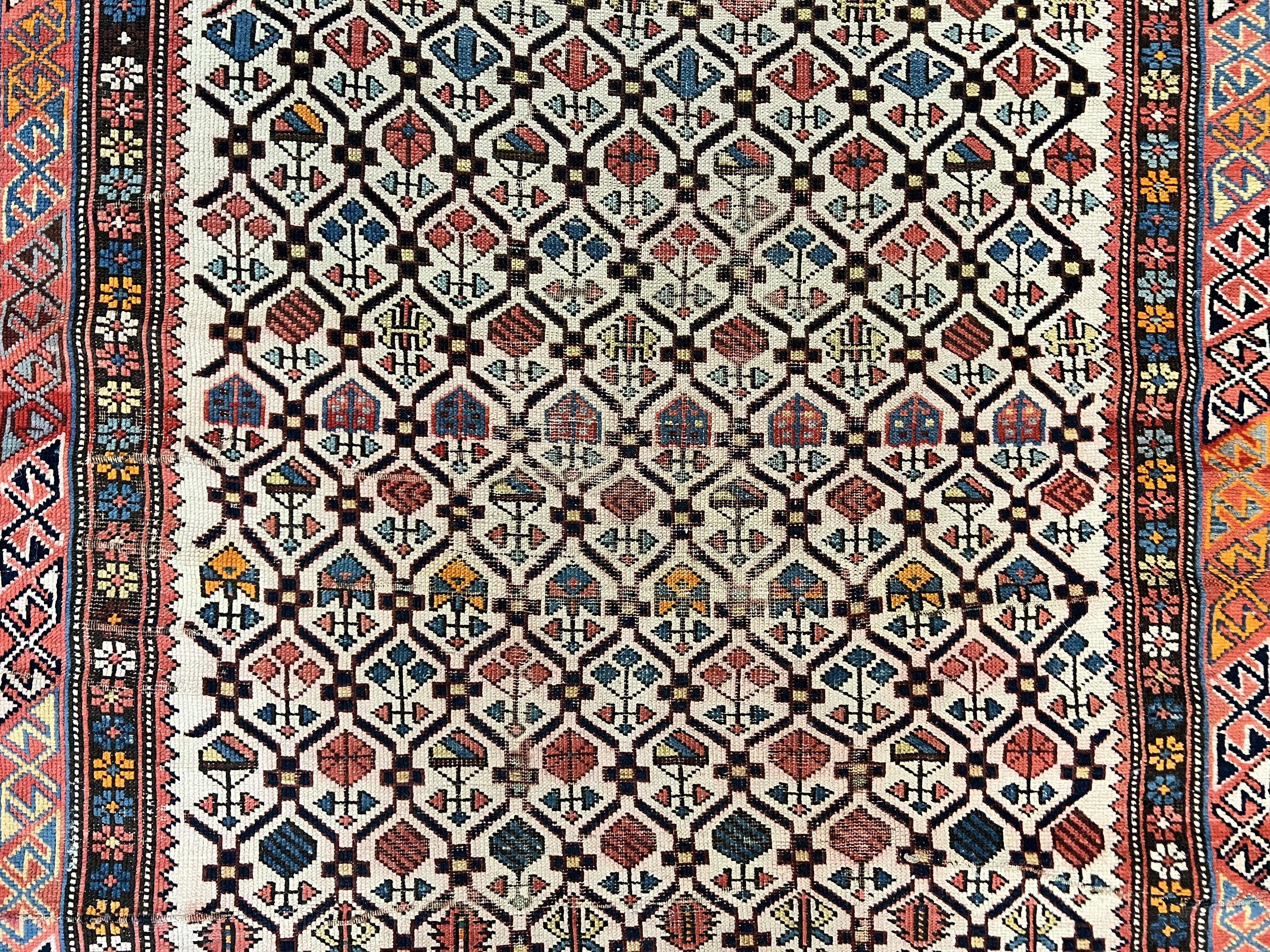 Antique Caucasian Rug 4x5, Hand Knotted Handmade Shirvan Oriental Carpet, Ivory Red Rug Allover Pattern, Rare Wool Rug, Tribal Geometric Rug - Jewel Rugs