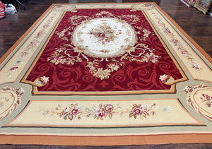Large Aubusson Rug 10x14, Wool Handmade Vintage Carpet, Dark Red Ivory Tan, French European Elegant Aubusson Weave Rug