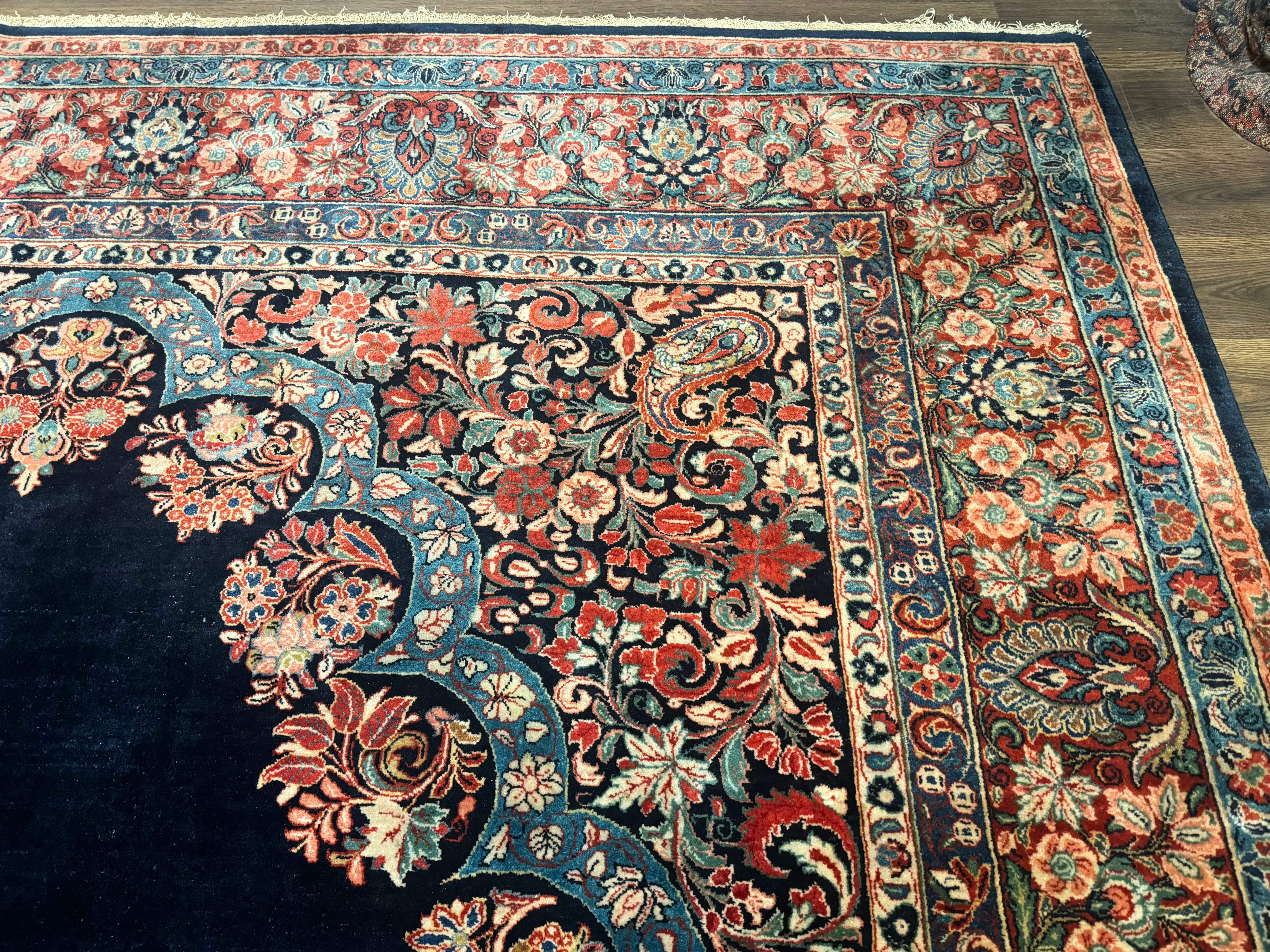 Persian Sarouk Rug 10x16 – Navy Blue and Red, Hand-Knotted Wool Antique Carpet - Jewel Rugs
