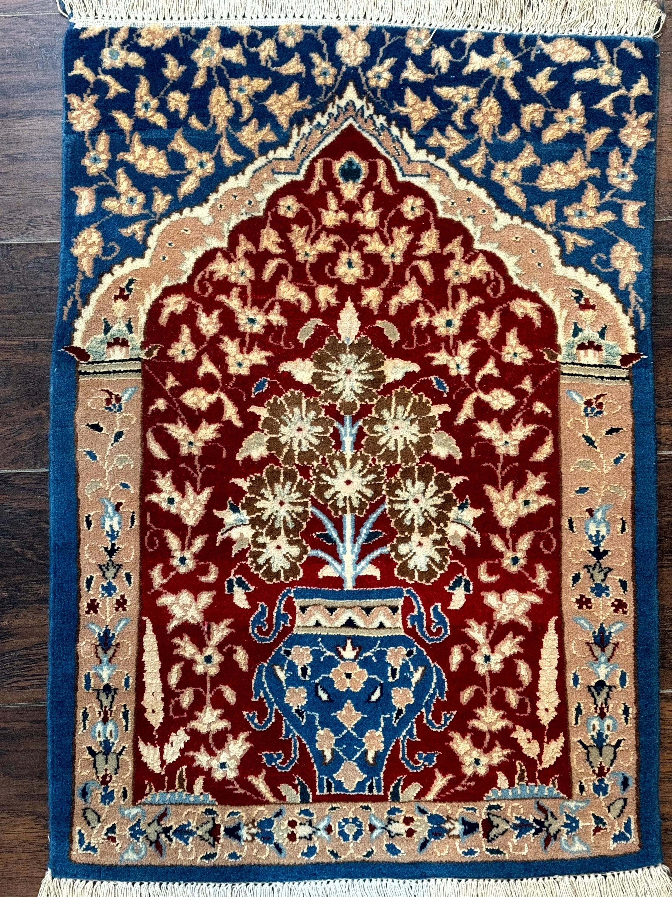 Small Persian Nain Rug, Persian Vase Tree of Life Design, Red and Blue, Very Fine 260 KPSI, Wool and Silk Highlights - Jewel Rugs