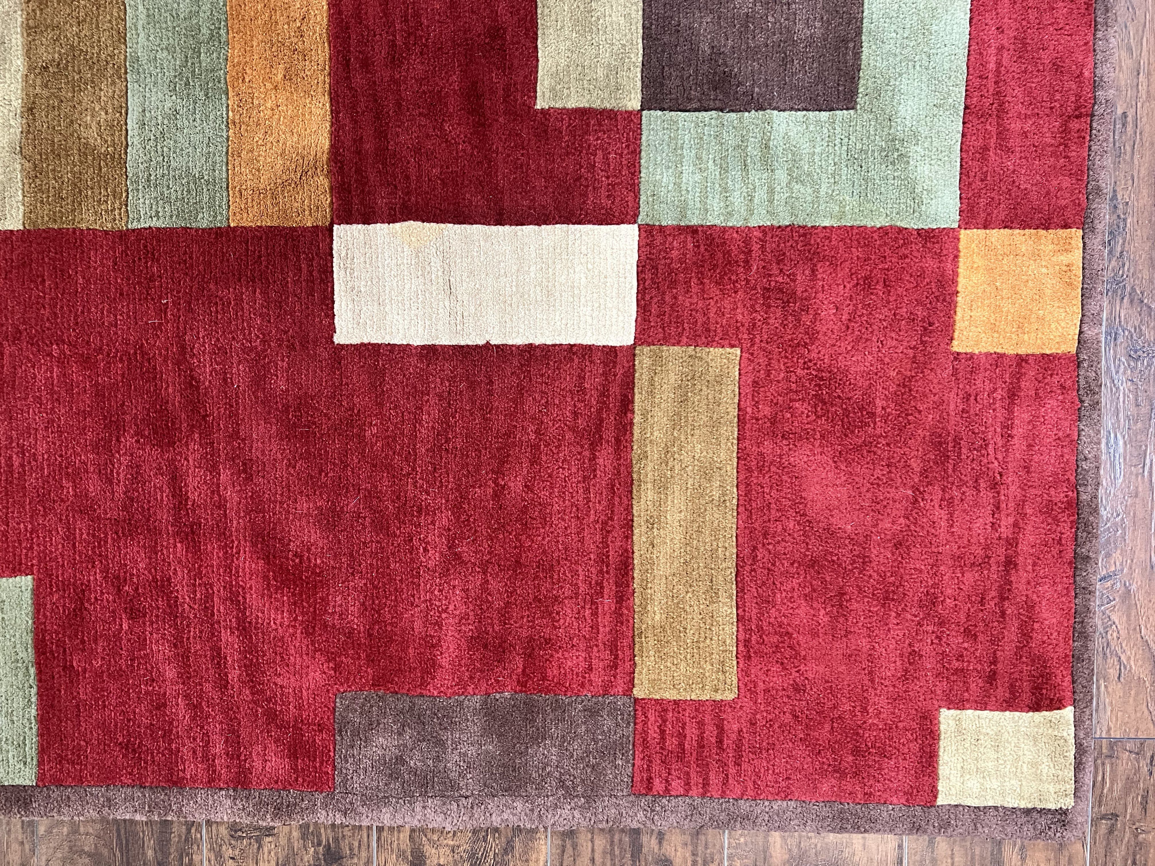 Indo Tibetan Modern Rug 5x8, Abstract Rug 5 x 8 ft, Red Multicolor Wool Handmade Contemporary Area Rug - Jewel Rugs