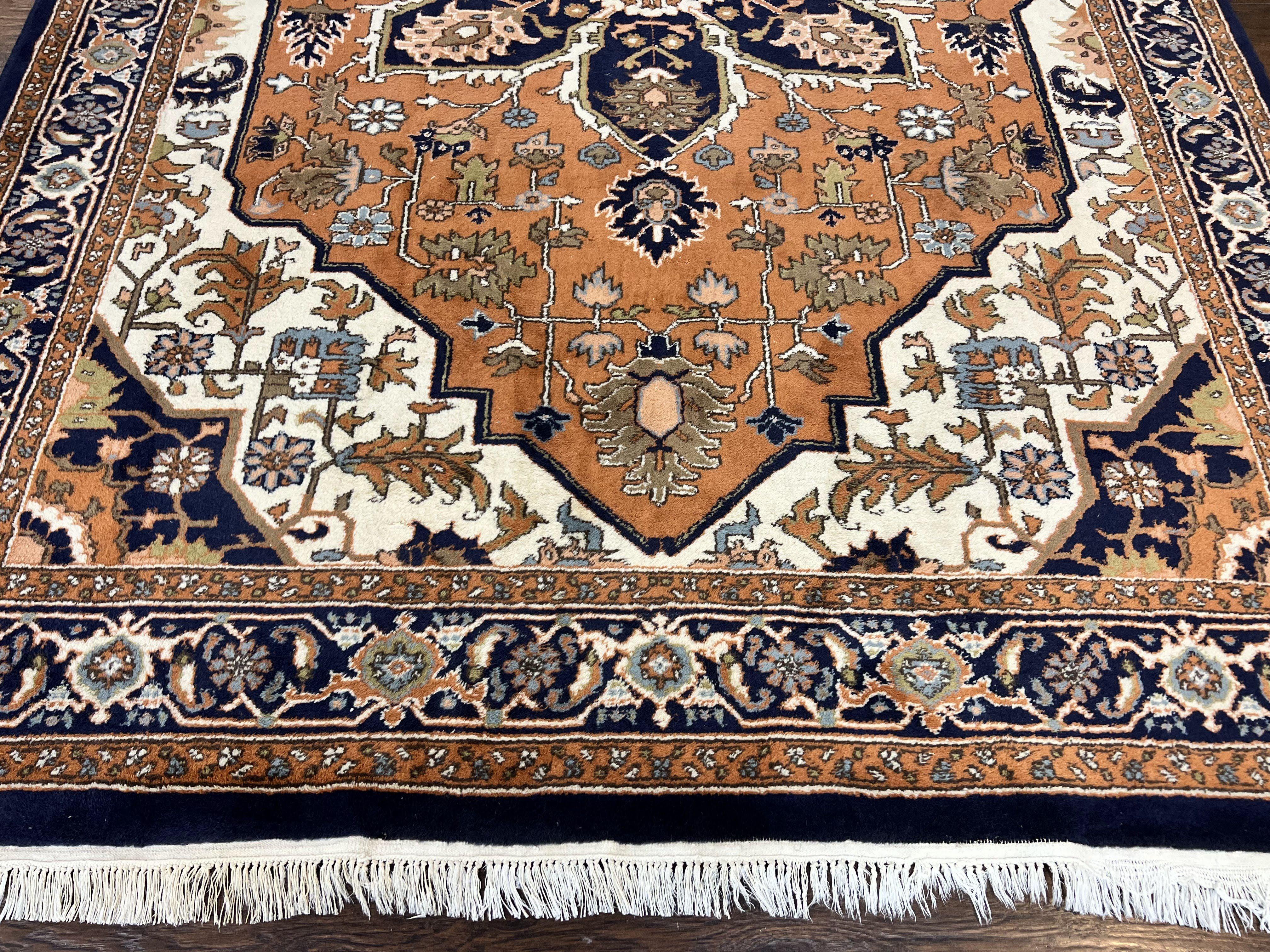 Indo Heriz Rug 6x8, Wool Hand Knotted Vintage Oriental Carpet, Orange-Red Ivory & Navy Blue, Medallion Rug, Handmade Indo Persian Rug - Jewel Rugs