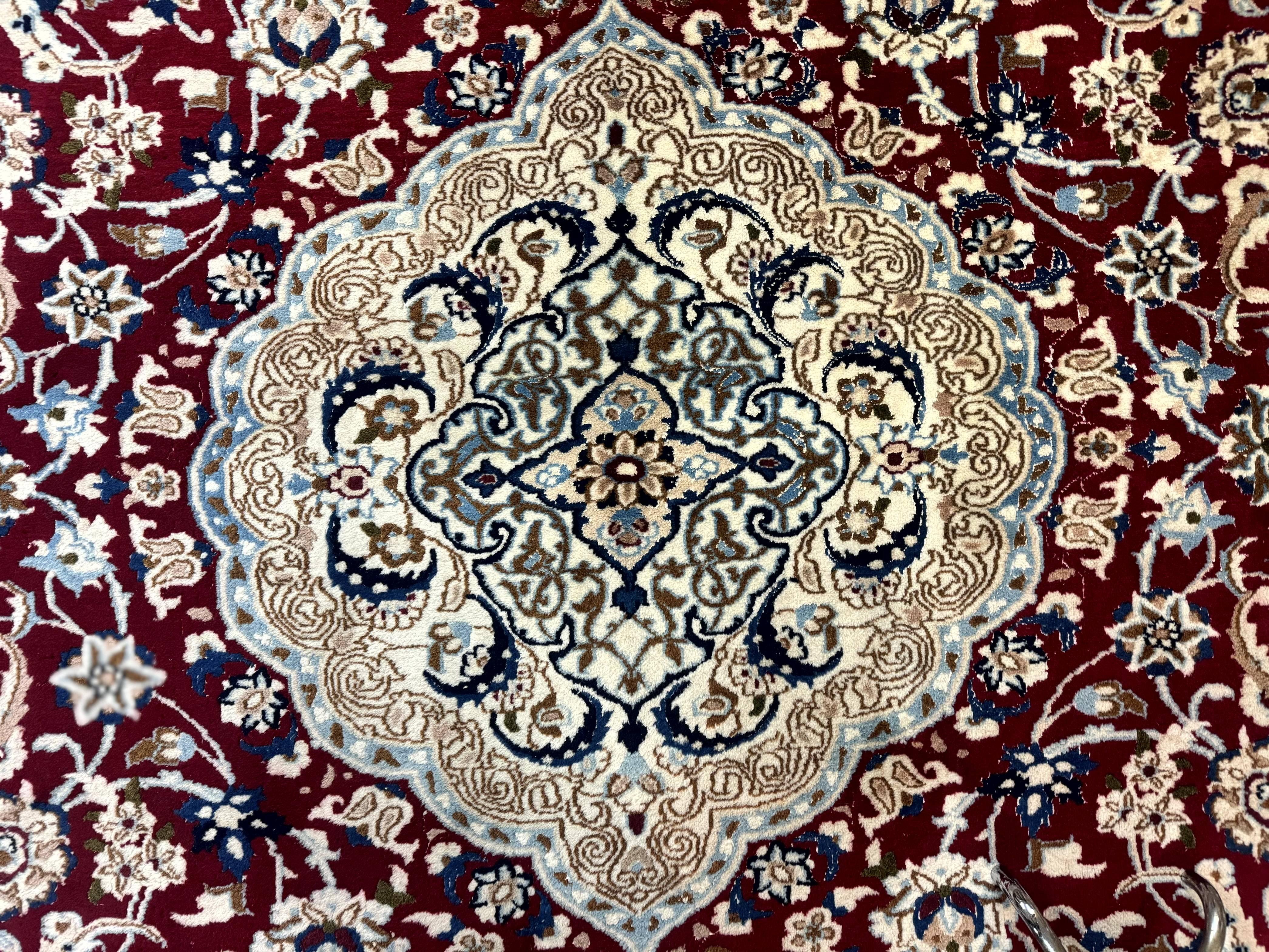Persian Nain Rug 8x11, Wool and Silk Highlights, Burgundy & Ivory - Jewel Rugs