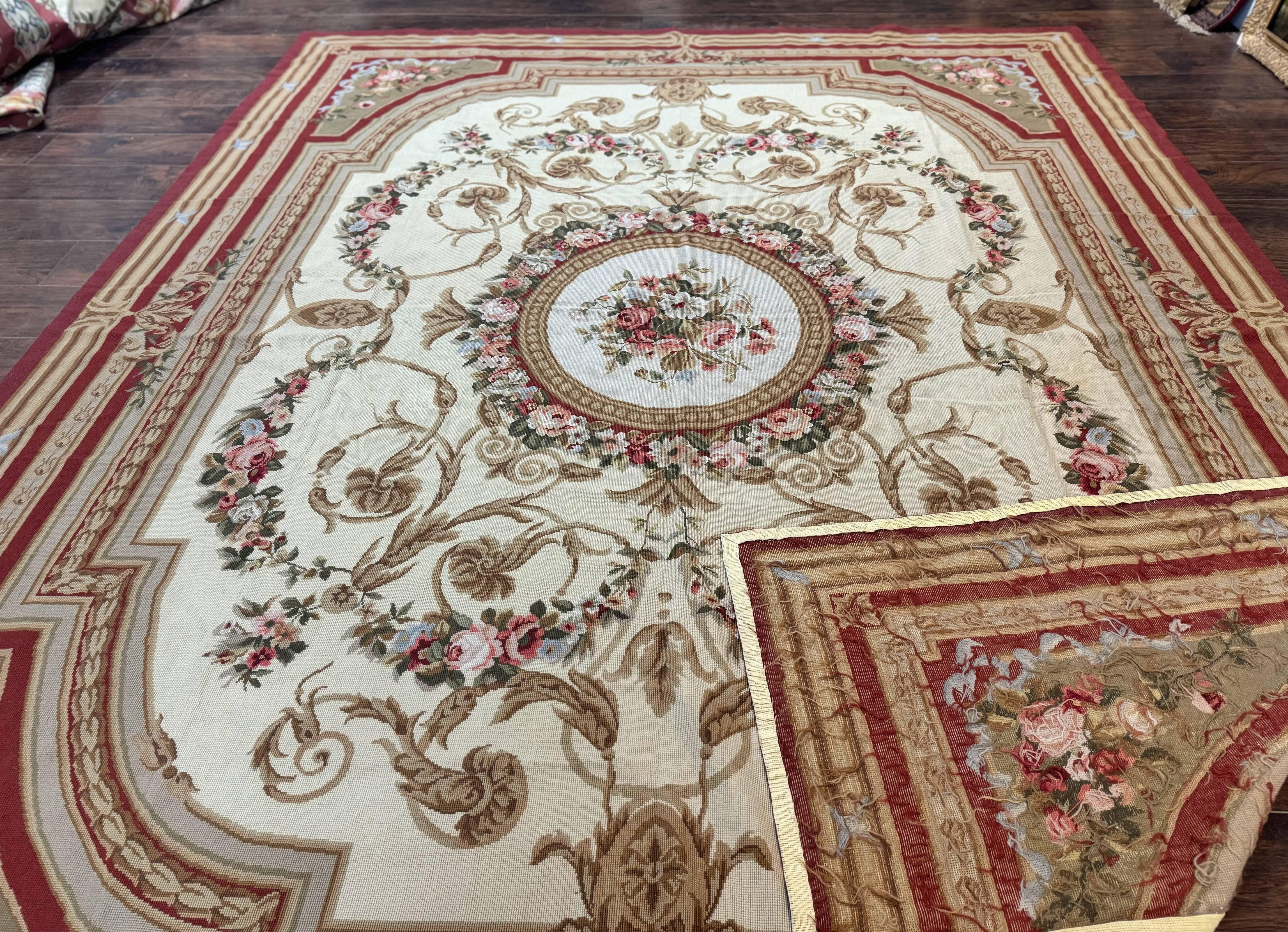 Aubusson Needlepoint Rug 9x11, Handmade Vintage Wool Flatweave Carpet, Elegant European Rug, Floral, Cream - Jewel Rugs
