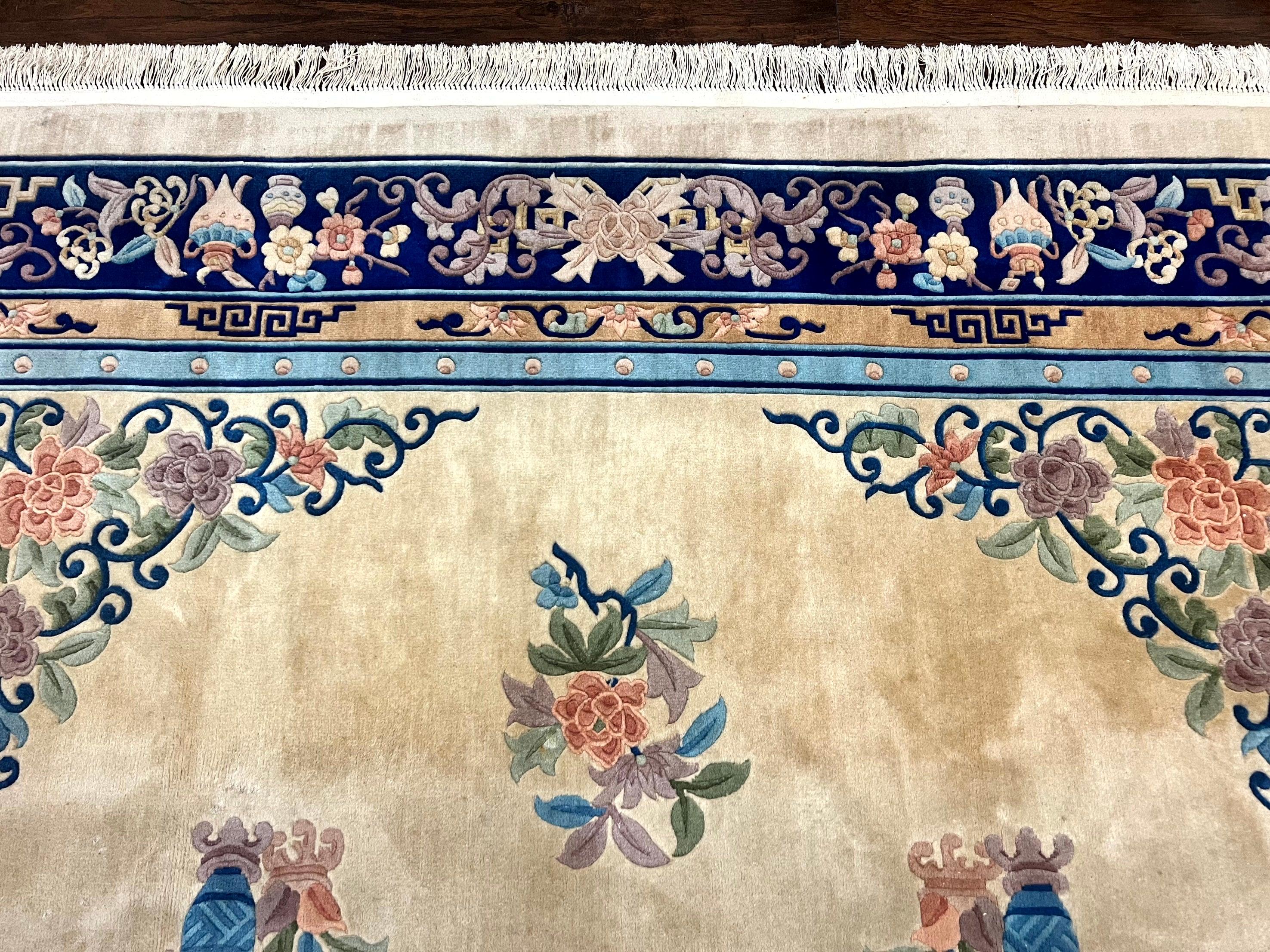 Chinese Wool Rug 8x11, Peking Asian Oriental Carpet, Cream/Ivory and Blue, Vintage Handmade Rug, Art Deco Rug - Jewel Rugs