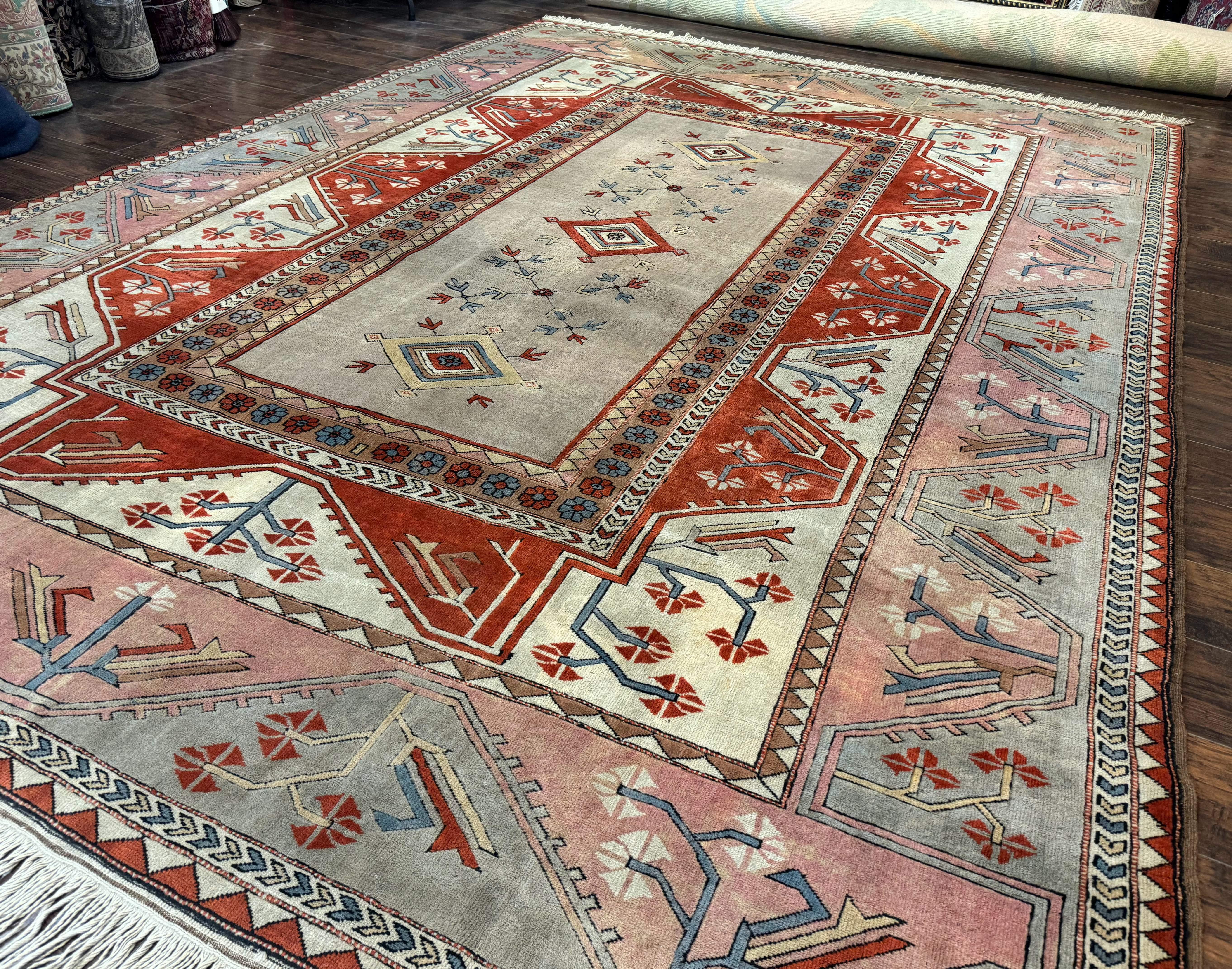 Large Turkish Milas Rug 10x13, Gray, Vintage, Wool on Wool - Jewel Rugs