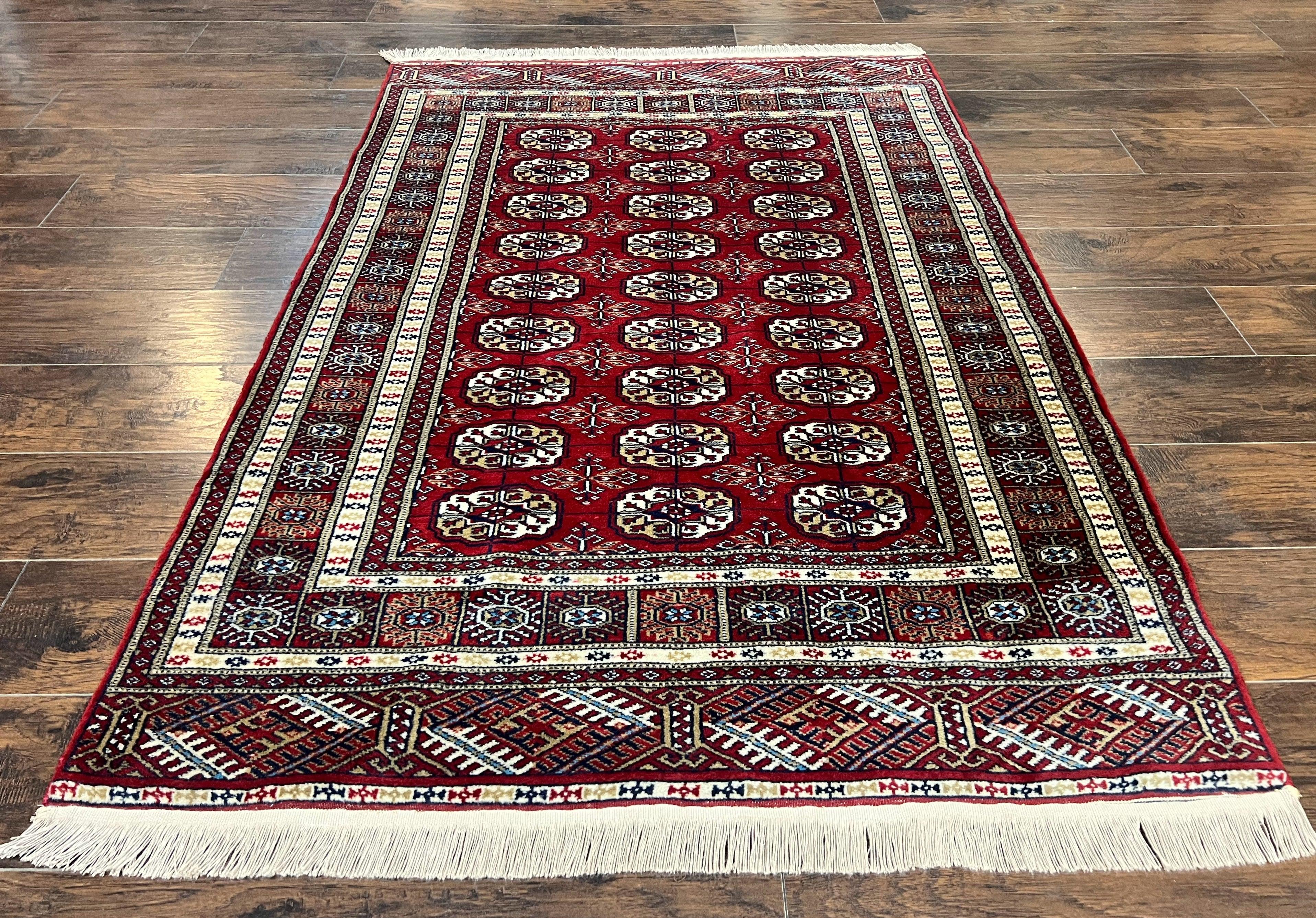 Pakistani Bokhara Rug 4x6, Red Turkoman Carpet, Finely Hand Knotted, Wool Vintage Rug - Jewel Rugs