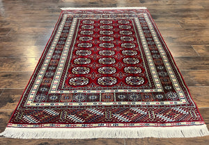 Pakistani Bokhara Rug 4x6, Red Turkoman Carpet, Finely Hand Knotted, Wool Vintage Rug