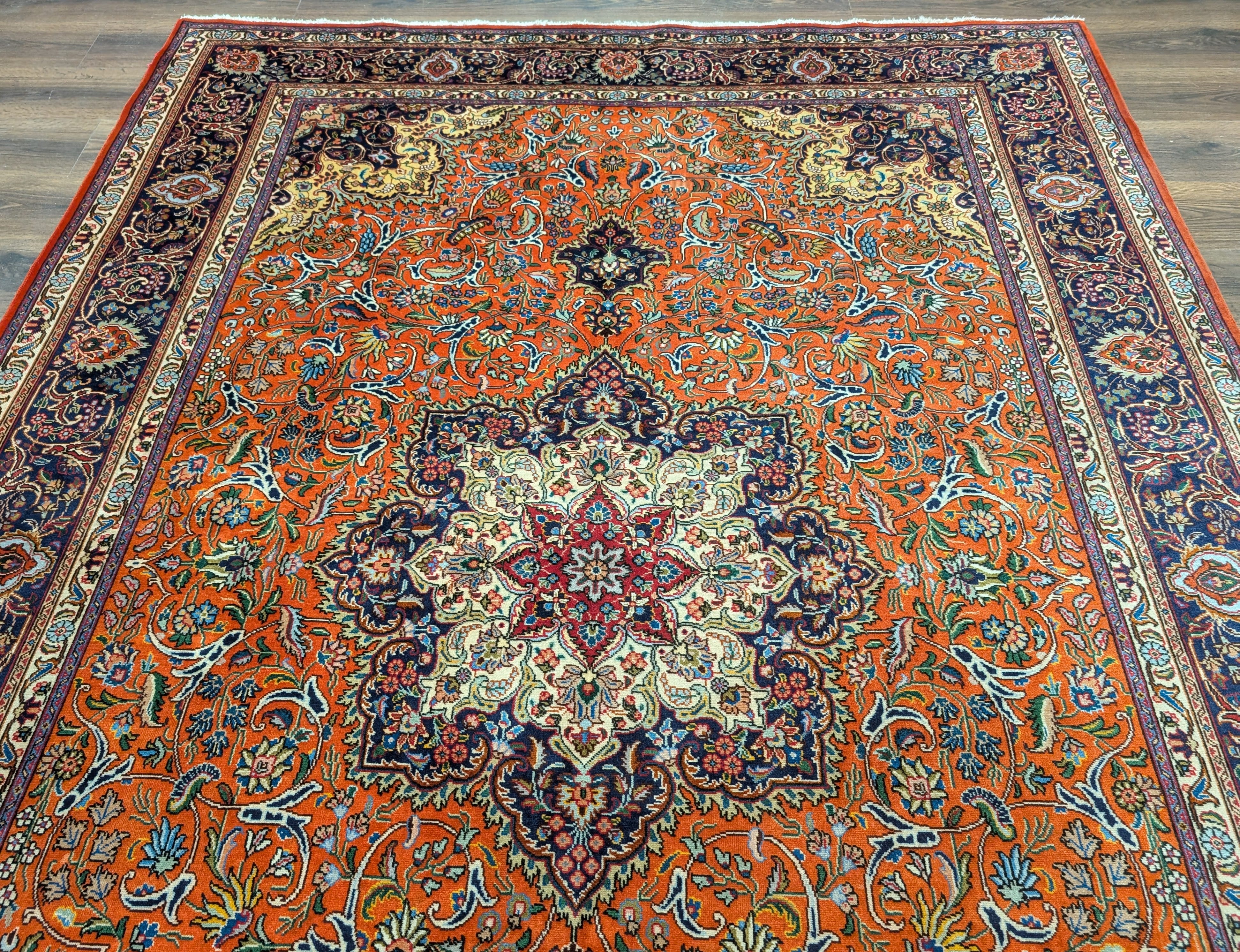 Persian Tabriz Rug 7x10, Hand-Knotted Wool Carpet, Burnt Orange & Navy Blue - Jewel Rugs