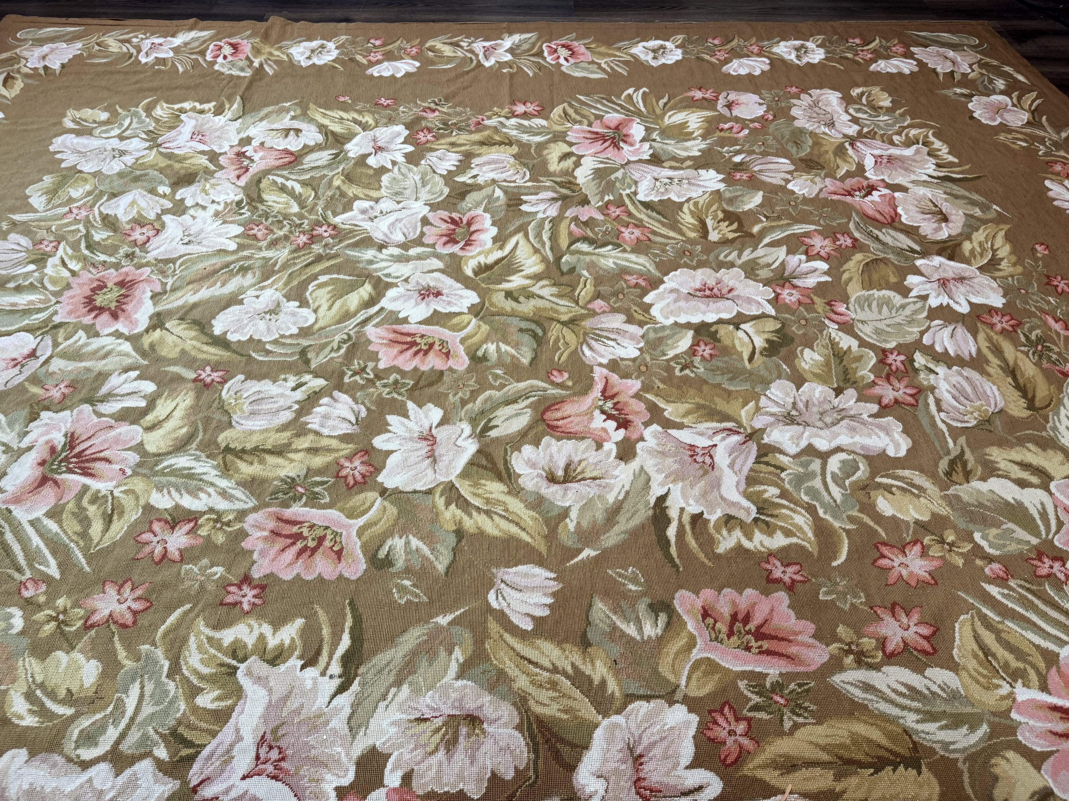 Large Needlepoint Rug 11x14, Vintage Floral Wool Carpet, Caramel - Jewel Rugs