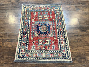 Turkish Kazak Rug 3x4, Wool Hand Knotted Small Vintage Carpet, Red Navy Blue, 3 x 4 Oriental Rug, Geometric Design