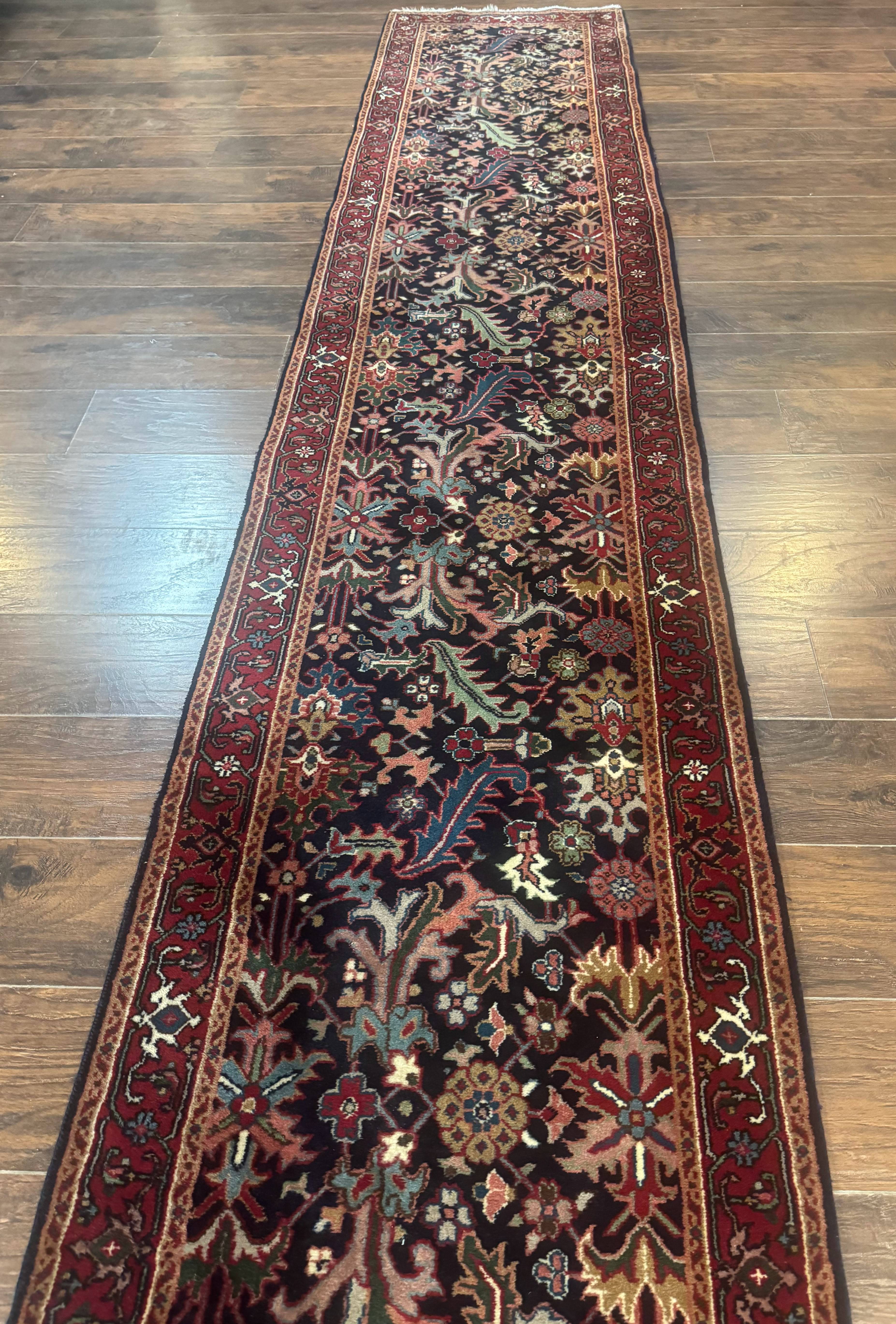 Indo Persian Runner Rug 2.7 x 13, Navy Blue and Red, Allover Floral, Wool, 13ft Runner - Jewel Rugs