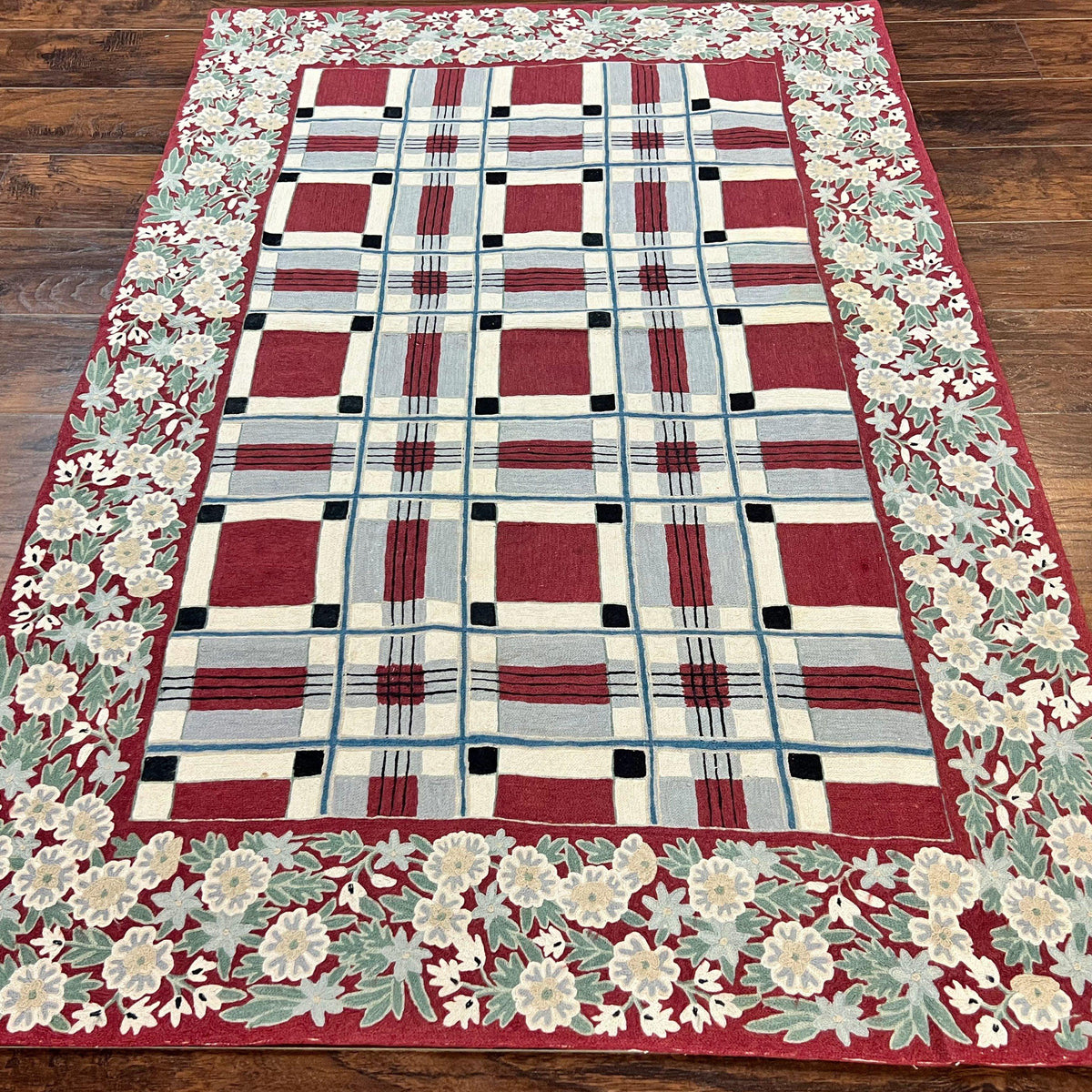 Indian Hand Stitched Rug 4x6, Vintage Carpet, Checkerboard Floral Patt ...