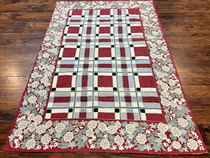 Indian Hand Stitched Rug 4x6, Vintage Carpet, Checkerboard Floral Pattern, Maroon Ivory, Flatweave, Wool