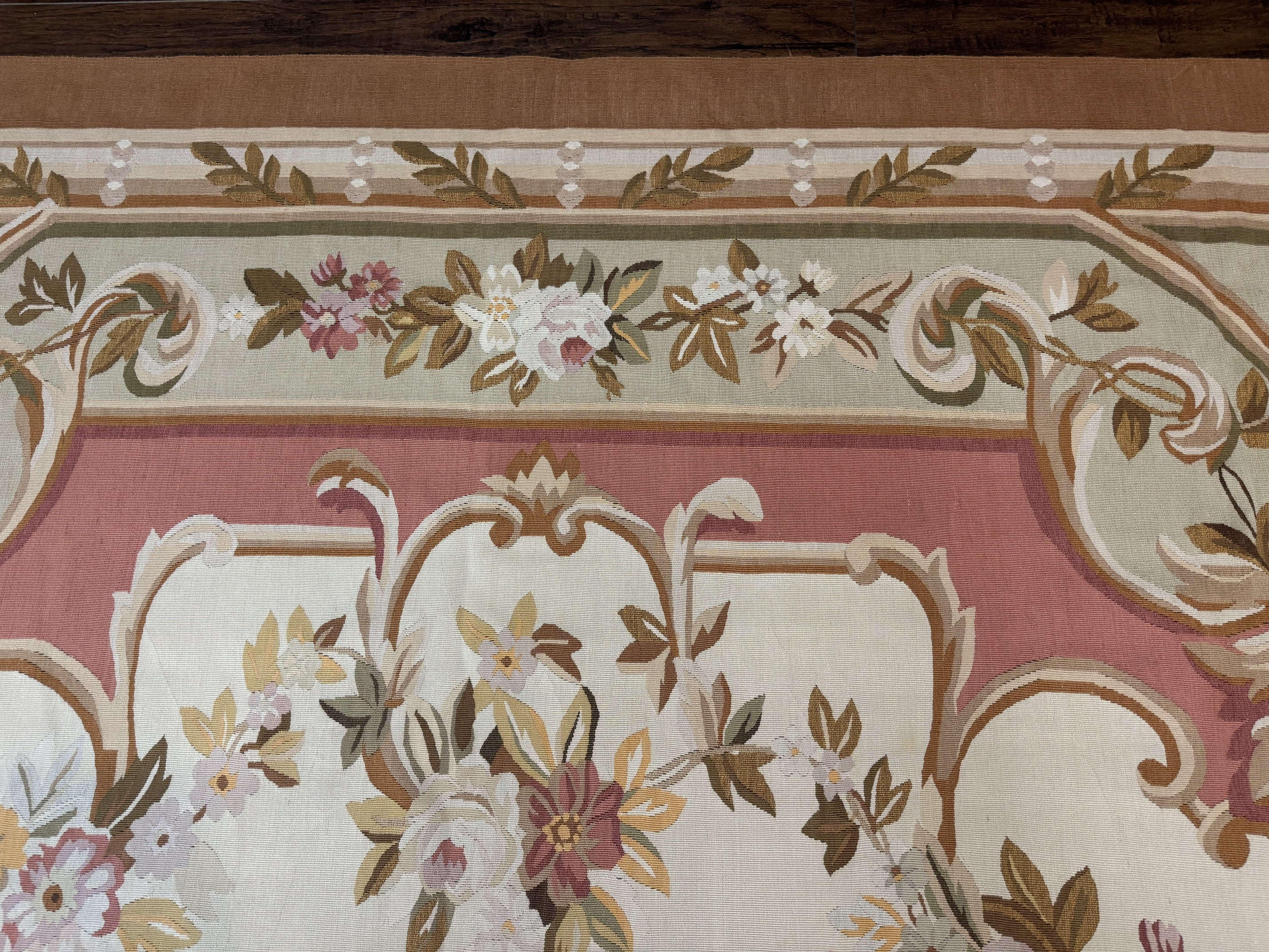 French Aubusson Rug 10x14, Vintage Flatweave European Handmade Carpet, Ivory LIght Blue Pink, Large Aubusson Rug - Jewel Rugs