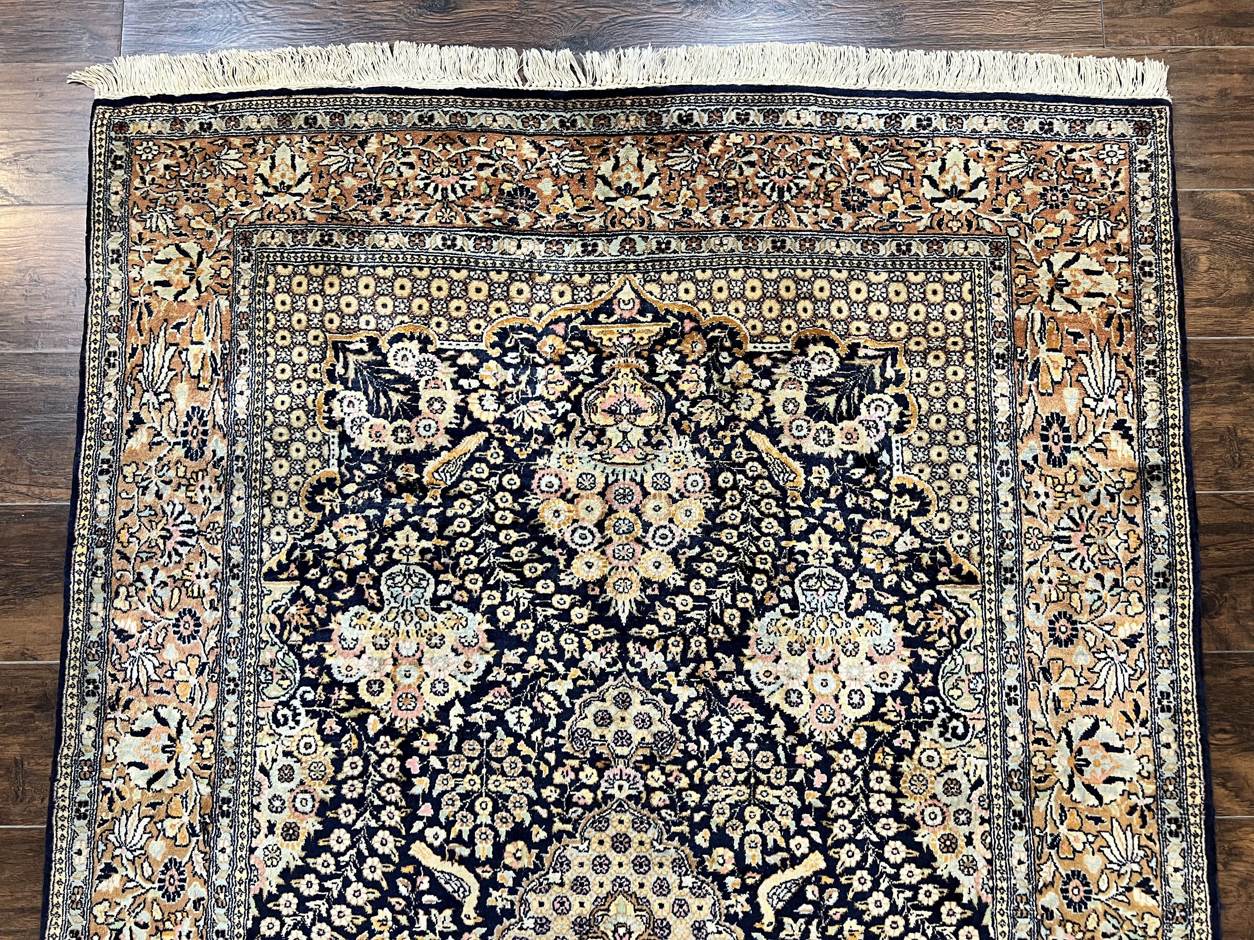 Pak Persian Rug 5x7, Wool Hand Knotted Vintage Fine Oriental Carpet, Birds, Floral Medallion, Traditional Oriental Rug, Dark Blue - Jewel Rugs