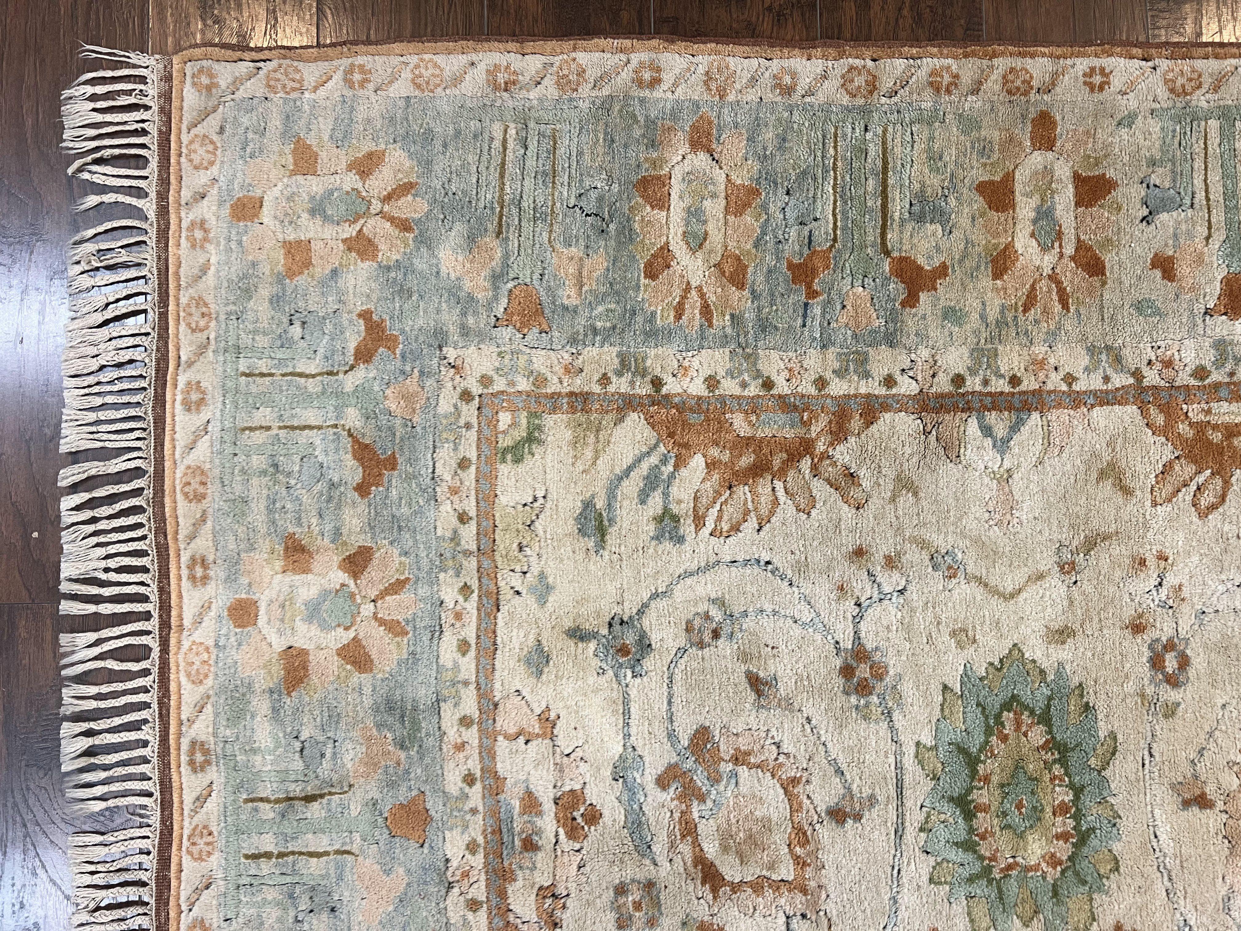 Turkish Oushak Rug 9x10, Neutral Colors, Wool Hand Knotted Vintage Handmade Oriental Carpet, Floral Allover, Farmhouse Rug, Beige Light Blue - Jewel Rugs