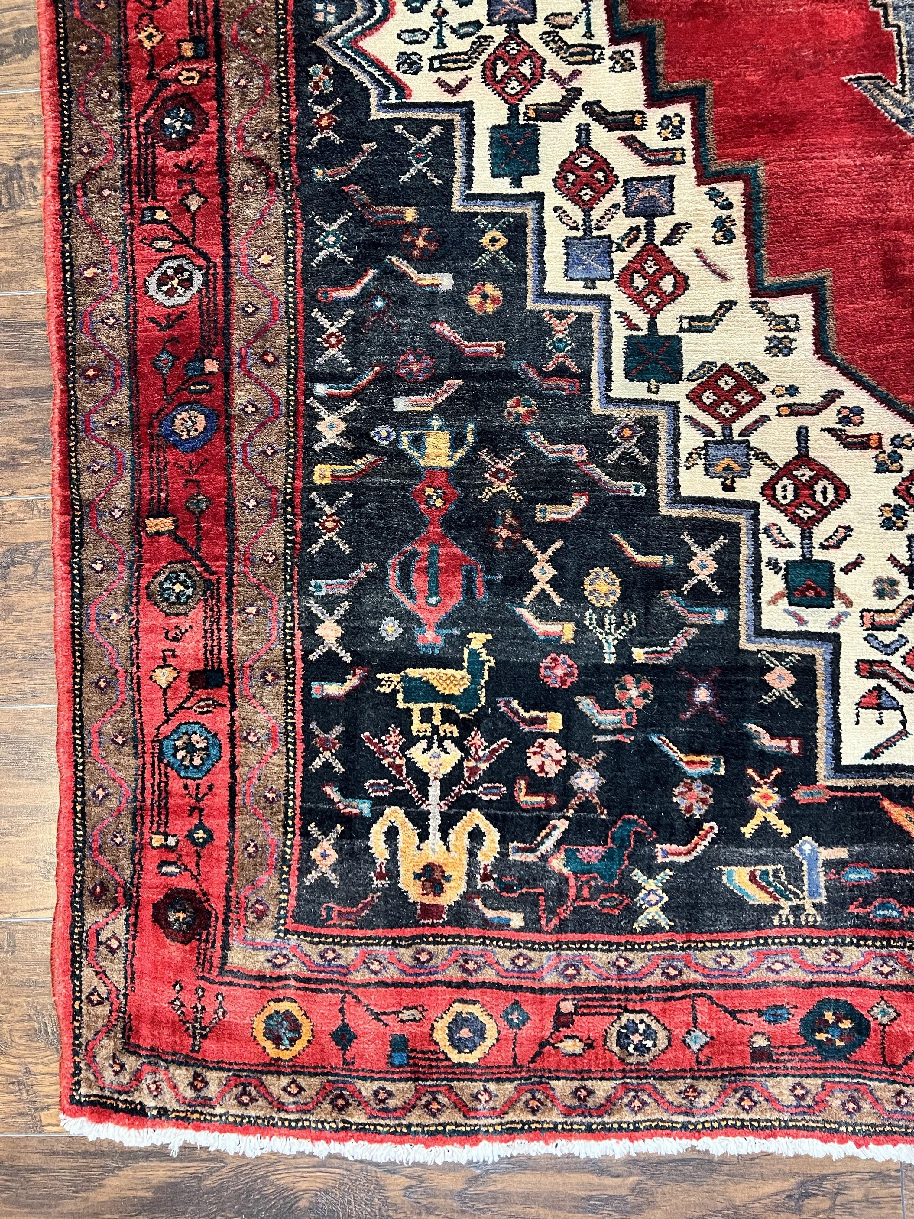 Persian Rug 5x12 ft, Red Cream Navy Blue, Pictorials, Hand Knotted Handmade Wide Runner Tribal Bidjar Semi Antique Wool Geometric Oriental Rug - Jewel Rugs