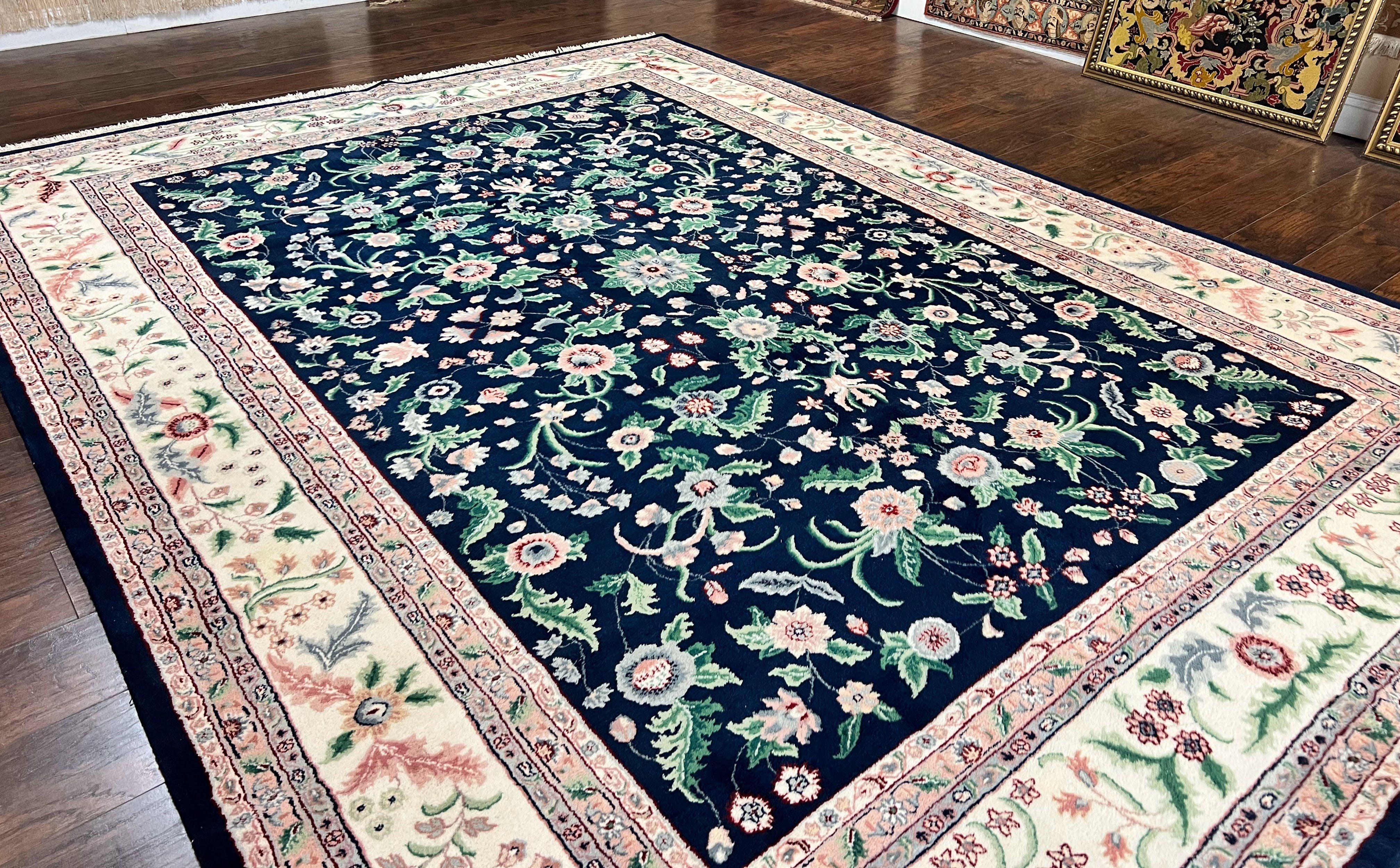 Indo Persian Rug 9x12, Wool Hand Knotted Vintage Carpet, Navy Blue & Ivory, Floral Allover Oriental Rug, 9 x 12 Room Sized Traditional Rug - Jewel Rugs
