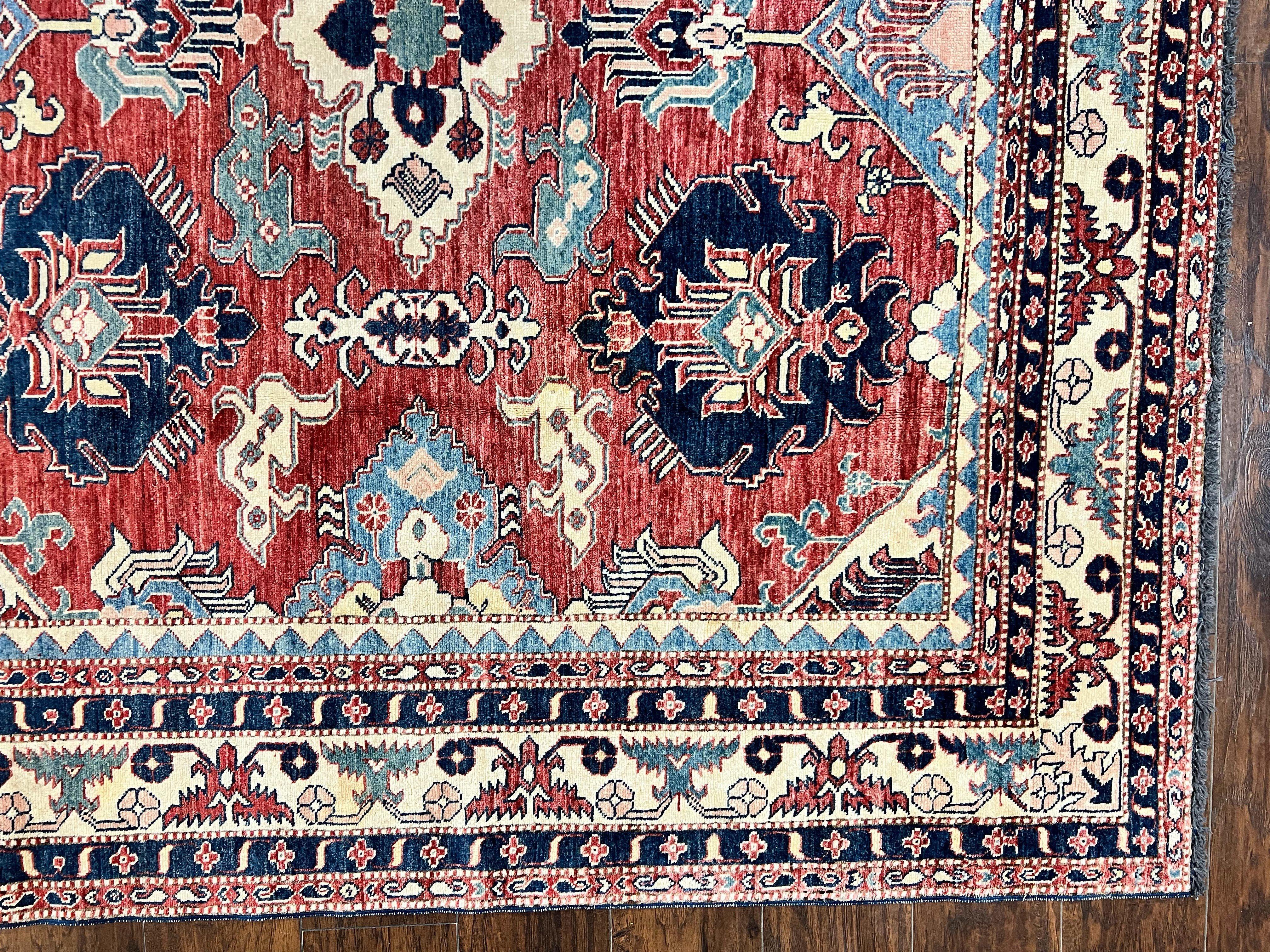 Turkish Heriz Rug 7x10, Wool Hand Knotted Handmade Room Sized Oriental Carpet, Red & Ivory, Vintage Geometric Oriental Rug 7 x 10 ft - Jewel Rugs