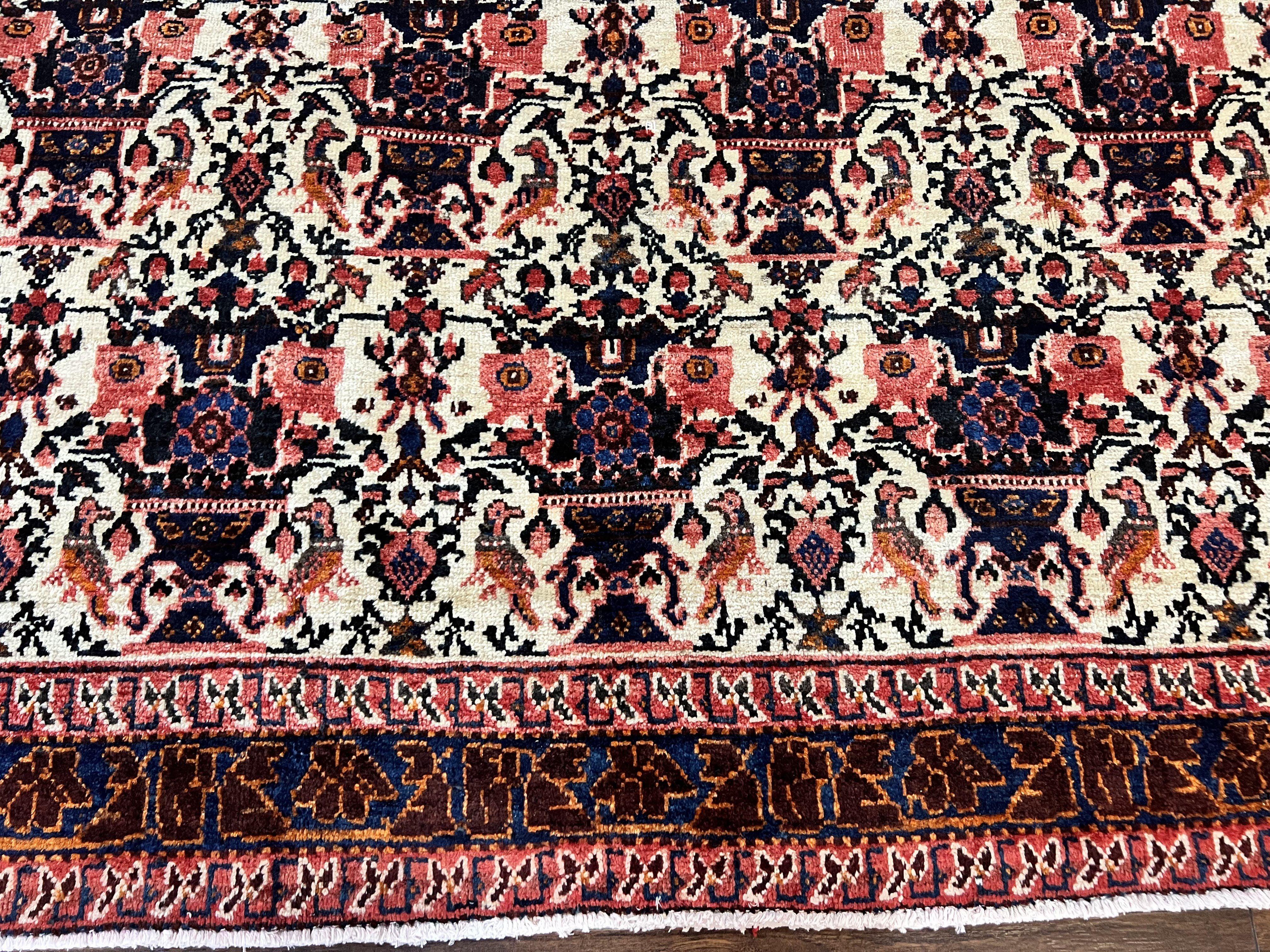 Persian Afshar Rug 6x8, Wool Hand Knotted Semi Antique Vintage Carpet, Floral Allover, Repeated Birds Flowers Vases Motifs - Jewel Rugs