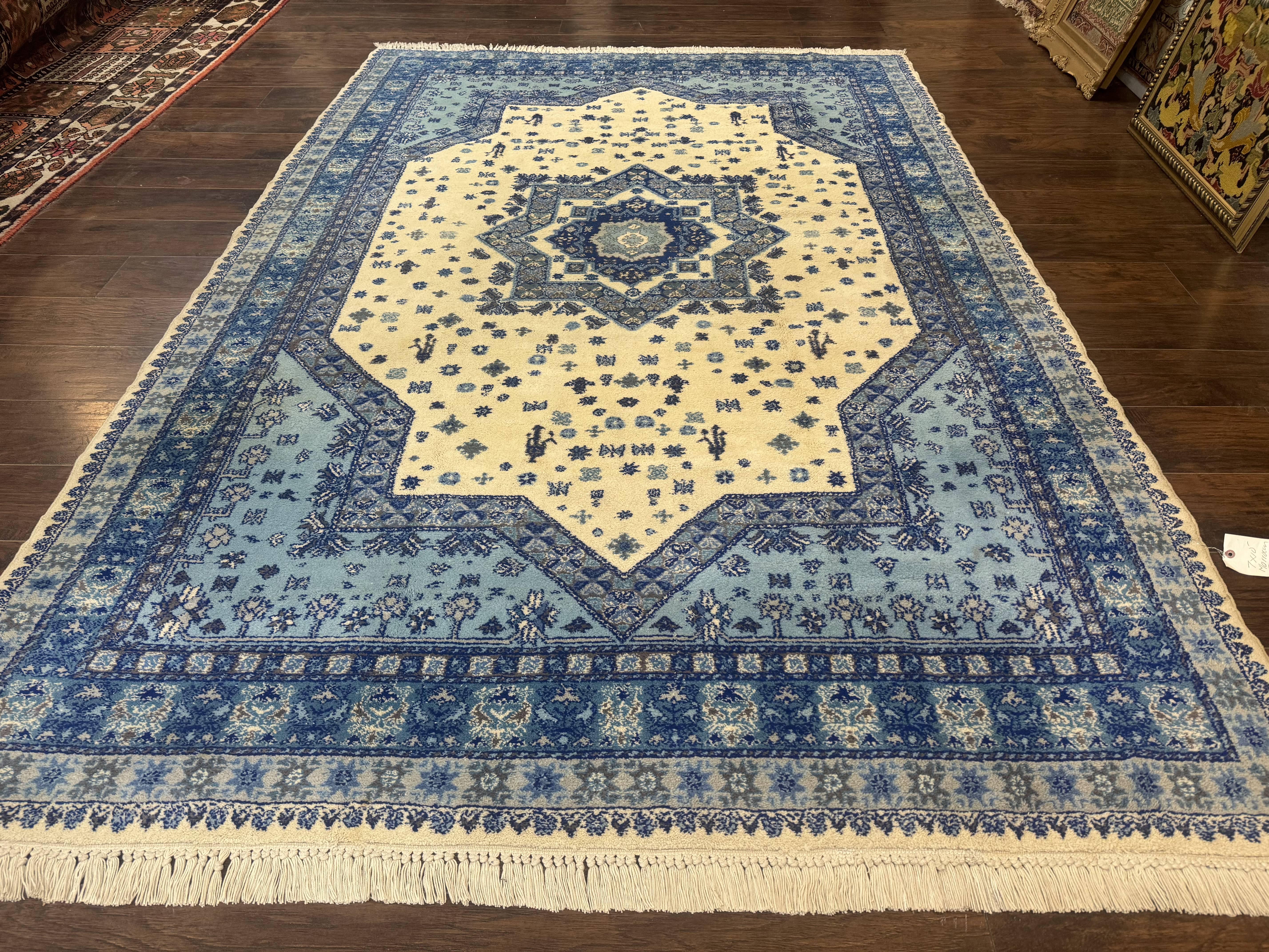 Moroccan Rug 7x10, Geometric Medallion, Blue and Ivory - Jewel Rugs