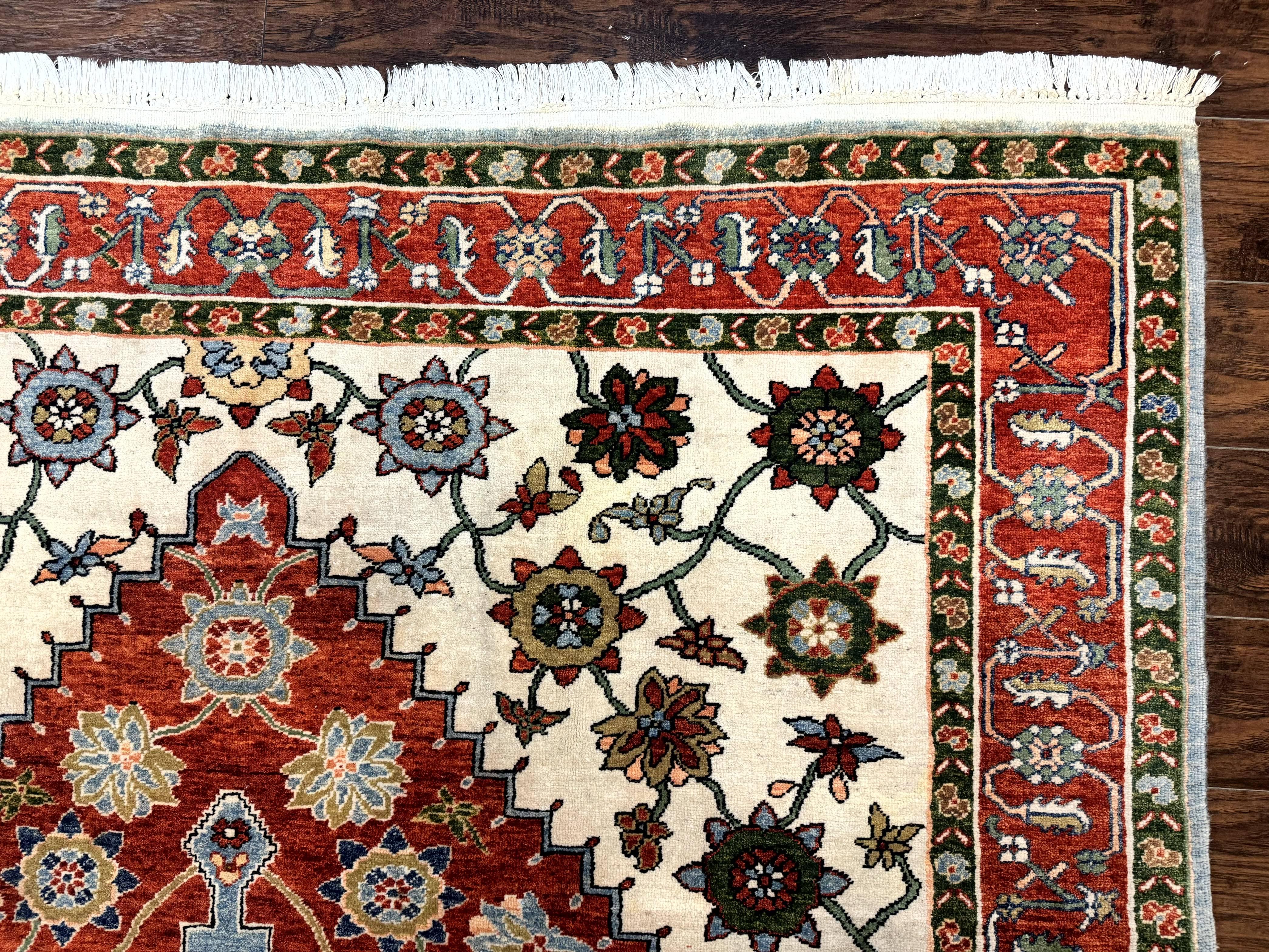 Indo Persian Heriz Rug 7x9, Geometric Pattern, Cream & Light Red, Handmade Vintage Wool Carpet - Jewel Rugs