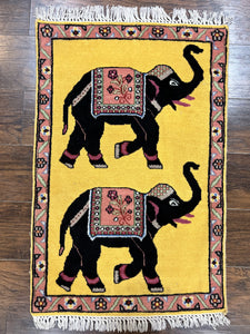 Unique Indian Pictorial Rug 2x3, Small Wool Hand Knotted Oriental Carpet, Yellow, Two Elephants, Handmade